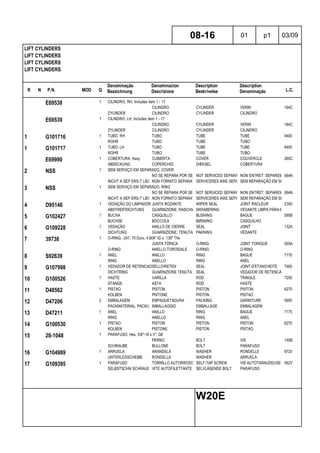 R N P.N. MOD Q
Denominação
Bezeichnung
Denominacion
Descrizione
Description
Beskrivelse
Description
Denominação L.C.
LIFT CYLINDERS
LIFT CYLINDERS
LIFT CYLINDERS
LIFT CYLINDERS
08-16 01 p1 03/09
W20E
E69538 1 CILINDRO, RH, Includes item 1 - 17
CILINDRO CYLINDER VERIN 164C
ZYLINDER CILINDRO CYLINDER CILINDRO
E69539 1 CILINDRO, LH, Includes item 1 - 17
CILINDRO CYLINDER VERIN 164C
ZYLINDER CILINDRO CYLINDER CILINDRO
1 G101716 1 TUBO, RH TUBO TUBE TUBE 9400
ROHR TUBO TUBE TUBO
1 G101717 1 TUBO, LH TUBO TUBE TUBE 9400
ROHR TUBO TUBE TUBO
E69990 1 COBERTURA, Assy CUBIERTA COVER COUVERCLE 265C
ABDECKUNG COPERCHIO DÆKSEL COBERTURA
2 NSS 1 SEM SERVIÇO EM SEPARADO, COVER
NO SE REPARA POR SEPARADONOT SERVICED SEPARATELYNON ENTRET. SEPAREMENT064N
NICHT A SEP ERS-T LIEFERBNON FORNITO SEPARATAMENTESERVICERES IKKE SEPARATSEM REPARAÇÃO EM SEPARADO
3 NSS 1 SEM SERVIÇO EM SEPARADO, RING
NO SE REPARA POR SEPARADONOT SERVICED SEPARATELYNON ENTRET. SEPAREMENT064N
NICHT A SEP ERS-T LIEFERBNON FORNITO SEPARATAMENTESERVICERES IKKE SEPARATSEM REPARAÇÃO EM SEPARADO
4 D95146 1 VEDAÇÃO DO LIMPADOR JUNTA ROZANTE WIPER SEAL JOINT RACLEUR Z350
ABSTREIFDICHTUNG GUARNIZIONE, RASCHIAOLIOSKRABERING VEDANTE LIMPA PÁRA-BRISAS
5 G102427 1 BUCHA CASQUILLO BUSHING BAGUE 095B
BUCHSE BOCCOLA BØSNING CASQUILHO
6 G109228 1 VEDAÇÃO ANILLO DE CIERRE SEAL JOINT 132A
DICHTUNG GUARNIZIONE; TENUTA PAKNING VEDANTE
7 39738 1 O-RING, -247, 70 Duro, 4.609" ID x .139" Thk
JUNTA TÓRICA O-RING JOINT TORIQUE 055A
O-RING ANELLO TOROIDALE O-RING O-RING
8 S92639 1 ANEL ANILLO RING BAGUE 7175
RING ANELLO RING ANEL
9 G107998 1 VEDADOR DE RETENCAOSELLO/RETEN SEAL JOINT-D'ETANCHEITE 7460
DICHTRING GUARNIZIONE TENUTA SEAL VEDADOR DE RETENCAO
10 G100526 1 HASTE VARILLA ROD TRINGLE 7250
STANGE ASTA ROD HASTE
11 D48562 1 PISTAO PISTON PISTON PISTON 6270
KOLBEN PISTONE PISTON PISTAO
12 D47206 2 EMBALAGEM EMPAQUETADURA PACKING GARNITURE 5950
PACKMATERIAL; PACKUNGIMBALLAGGIO EMBALLAGE EMBALAGEM
13 D47211 1 ANEL ANILLO RING BAGUE 7175
RING ANELLO RING ANEL
14 G100530 1 PISTAO PISTON PISTON PISTON 6270
KOLBEN PISTONE PISTON PISTAO
15 28-1048 1 PARAFUSO, Hex, 5/8"-18 x 3", G8
PERNO BOLT VIS 140B
SCHRAUBE BULLONE BOLT PARAFUSO
16 G104989 1 ARRUELA ARANDELA WASHER RONDELLE 9720
UNTERLEGSCHEIBE RONDELLA WASHER ARRUELA
17 G109395 1 PARAFUSO TORNILLO AUTORROSCANTESELF-TAP SCREW VIS AUTOTARAUDEUSE 062V
SELBSTSCHN SCHRAUBEVITE AUTOFILETTANTE SELVLÅSENDE BOLT PARAFUSO
 