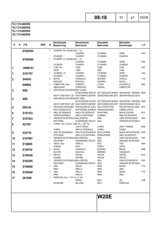 R N P.N. MOD Q
Denominação
Bezeichnung
Denominacion
Descrizione
Description
Beskrivelse
Description
Denominação L.C.
TILT CYLINDERS
TILT CYLINDERS
TILT CYLINDERS
TILT CYLINDERS
08-18 01 p1 03/09
W20E
87403954 1 CILINDRO, RH, Includes item 1 - 21
CILINDRO CYLINDER VERIN 164C
ZYLINDER CILINDRO CYLINDER CILINDRO
87403955 1 CILINDRO, LH, Includes item 1 - 21
CILINDRO CYLINDER VERIN 164C
ZYLINDER CILINDRO CYLINDER CILINDRO
1 146991A1 1 TUBO, RH TUBO TUBE TUBE 195T
ROHR TUBO RØR TUBO
1 G101707 1 CILINDRO, LH CILINDRO CYLINDER VERIN 164C
ZYLINDER CILINDRO CYLINDER CILINDRO
2 D44543 2 BUCHA CASQUILLO BUSHING DOUILLE 1140
BUECHSE BOCCOLA BUSHING BUCHA
E69984 1 COBERTURA, Assy CUBIERTA COVER COUVERCLE 265C
ABDECKUNG COPERCHIO DÆKSEL COBERTURA
3 NSS 1 SEM SERVIÇO EM SEPARADO, GLAND
NO SE REPARA POR SEPARADONOT SERVICED SEPARATELYNON ENTRET. SEPAREMENT064N
NICHT A SEP ERS-T LIEFERBNON FORNITO SEPARATAMENTESERVICERES IKKE SEPARATSEM REPARAÇÃO EM SEPARADO
4 NSS 1 SEM SERVIÇO EM SEPARADO, RING
NO SE REPARA POR SEPARADONOT SERVICED SEPARATELYNON ENTRET. SEPAREMENT064N
NICHT A SEP ERS-T LIEFERBNON FORNITO SEPARATAMENTESERVICERES IKKE SEPARATSEM REPARAÇÃO EM SEPARADO
5 D95144 1 PROTEÇÃO VEDADORA PROTECCIÓN DE JUNTASSEAL PROTECTION PROTECTION DE JOINT 291C
DICHTUNGSSCHUTZ PROTEZIONE GUARNIZIONIPAKNINGSDÆKSEL COBRE-JUNTAS
6 G101533 1 ANEL DE DESGASTE ANILLO DE DESGASTE WEAR RING BAGUE D'USURE A012
VERSCHLEISSRING ANELLO ANTIUSURA SLIDRING ANEL DE DESGASTE
7 G107923 1 VEDADOR DE RETENCAOSELLO/RETEN SEAL JOINT-D'ETANCHEITE 7460
DICHTRING GUARNIZIONE TENUTA SEAL VEDADOR DE RETENCAO
8 A27507 1 O-RING, -242, 70 Duro, 3.984" ID x .139" Thk
JUNTA TÓRICA O-RING JOINT TORIQUE 055A
O-RING ANELLO TOROIDALE O-RING O-RING
9 G32176 1 ANEL DE SEGURANÇA ANILLO DE SEGURIDAD BACK-UP RING BAGUE ANTI-EXTRUSION Z334
STÜTZRING ANELLO DI SOSTEGNO RESERVERING ANEL DE ENCOSTO
10 G107997 1 VEDADOR DE RETENCAOSELLO/RETEN SEAL JOINT-D'ETANCHEITE 7460
DICHTRING GUARNIZIONE TENUTA SEAL VEDADOR DE RETENCAO
11 E158805 1 HASTE, Assy VARILLA ROD TIGE 090A
STANGE ASTA STANG HASTE
12 E158752 2 BUCHA CASQUILLO BUSHING BAGUE 095B
BUCHSE BOCCOLA BØSNING CASQUILHO
13 G100438 1 PISTAO PISTON PISTON PISTON 6270
KOLBEN PISTONE PISTON PISTAO
14 G102285 1 VEDADOR DE RETENCAOSELLO/RETEN SEAL JOINT-D'ETANCHEITE 7460
DICHTRING GUARNIZIONE TENUTA SEAL VEDADOR DE RETENCAO
15 G100440 1 ANEL ANILLO RING BAGUE 7175
RING ANELLO RING ANEL
16 G100448 2 ANEL ANILLO RING BAGUE 7175
RING ANELLO RING ANEL
17 28-2048 1 PARAFUSO, Hex, 1 1/4"-12 x 3", G8
PERNO BOLT VIS 140B
SCHRAUBE BULLONE BOLT PARAFUSO
 