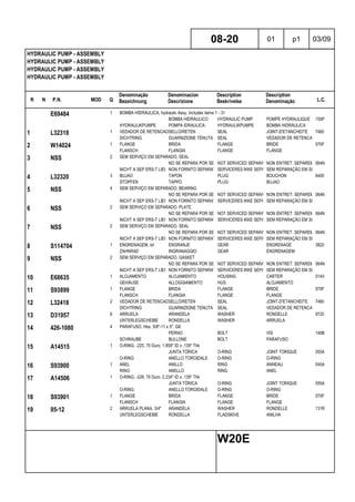 R N P.N. MOD Q
Denominação
Bezeichnung
Denominacion
Descrizione
Description
Beskrivelse
Description
Denominação L.C.
HYDRAULIC PUMP - ASSEMBLY
HYDRAULIC PUMP - ASSEMBLY
HYDRAULIC PUMP - ASSEMBLY
HYDRAULIC PUMP - ASSEMBLY
08-20 01 p1 03/09
W20E
E69484 1 BOMBA HIDRÁULICA, hydraulic Assy, Includes items 1 - 31
BOMBA HIDRÁULICO HYDRAULIC PUMP POMPE HYDRAULIQUE 155P
HYDRAULIKPUMPE POMPA IDRAULICA HYDRAULIKPUMPE BOMBA HIDRÁULICA
1 L32318 1 VEDADOR DE RETENCAOSELLO/RETEN SEAL JOINT-D'ETANCHEITE 7460
DICHTRING GUARNIZIONE TENUTA SEAL VEDADOR DE RETENCAO
2 W14024 1 FLANGE BRIDA FLANGE BRIDE 070F
FLANSCH FLANGIA FLANGE FLANGE
3 NSS 2 SEM SERVIÇO EM SEPARADO, SEAL
NO SE REPARA POR SEPARADONOT SERVICED SEPARATELYNON ENTRET. SEPAREMENT064N
NICHT A SEP ERS-T LIEFERBNON FORNITO SEPARATAMENTESERVICERES IKKE SEPARATSEM REPARAÇÃO EM SEPARADO
4 L32320 3 BUJAO TAPON PLUG BOUCHON 6400
STOPFEN TAPPO PLUG BUJAO
5 NSS 4 SEM SERVIÇO EM SEPARADO, BEARING
NO SE REPARA POR SEPARADONOT SERVICED SEPARATELYNON ENTRET. SEPAREMENT064N
NICHT A SEP ERS-T LIEFERBNON FORNITO SEPARATAMENTESERVICERES IKKE SEPARATSEM REPARAÇÃO EM SEPARADO
6 NSS 2 SEM SERVIÇO EM SEPARADO, PLATE
NO SE REPARA POR SEPARADONOT SERVICED SEPARATELYNON ENTRET. SEPAREMENT064N
NICHT A SEP ERS-T LIEFERBNON FORNITO SEPARATAMENTESERVICERES IKKE SEPARATSEM REPARAÇÃO EM SEPARADO
7 NSS 2 SEM SERVIÇO EM SEPARADO, SEAL
NO SE REPARA POR SEPARADONOT SERVICED SEPARATELYNON ENTRET. SEPAREMENT064N
NICHT A SEP ERS-T LIEFERBNON FORNITO SEPARATAMENTESERVICERES IKKE SEPARATSEM REPARAÇÃO EM SEPARADO
8 S114704 1 ENGRENAGEM, kit ENGRANJE GEAR ENGRENAGE 3820
ZAHNRAD INGRANAGGIO GEAR ENGRENAGEM
9 NSS 2 SEM SERVIÇO EM SEPARADO, GASKET
NO SE REPARA POR SEPARADONOT SERVICED SEPARATELYNON ENTRET. SEPAREMENT064N
NICHT A SEP ERS-T LIEFERBNON FORNITO SEPARATAMENTESERVICERES IKKE SEPARATSEM REPARAÇÃO EM SEPARADO
10 E68635 1 ALOJAMENTO ALOJAMIENTO HOUSING CARTER 014V
GEHÄUSE ALLOGGIAMENTO HUS ALOJAMENTO
11 S93899 1 FLANGE BRIDA FLANGE BRIDE 070F
FLANSCH FLANGIA FLANGE FLANGE
12 L32418 2 VEDADOR DE RETENCAOSELLO/RETEN SEAL JOINT-D'ETANCHEITE 7460
DICHTRING GUARNIZIONE TENUTA SEAL VEDADOR DE RETENCAO
13 D31957 6 ARRUELA ARANDELA WASHER RONDELLE 9720
UNTERLEGSCHEIBE RONDELLA WASHER ARRUELA
14 426-1080 4 PARAFUSO, Hex, 5/8"-11 x 5", G8
PERNO BOLT VIS 140B
SCHRAUBE BULLONE BOLT PARAFUSO
15 A14515 1 O-RING, -225, 70 Duro, 1.859" ID x .139" Thk
JUNTA TÓRICA O-RING JOINT TORIQUE 055A
O-RING ANELLO TOROIDALE O-RING O-RING
16 S93900 1 ANEL ANILLO RING ANNEAU 045A
RING ANELLO RING ANEL
17 A14506 1 O-RING, -228, 70 Duro, 2.234" ID x .139" Thk
JUNTA TÓRICA O-RING JOINT TORIQUE 055A
O-RING ANELLO TOROIDALE O-RING O-RING
18 S93901 1 FLANGE BRIDA FLANGE BRIDE 070F
FLANSCH FLANGIA FLANGE FLANGE
19 95-12 2 ARRUELA PLANA, 3/4" ARANDELA WASHER RONDELLE 131R
UNTERLEGSCHEIBE RONDELLA FLADSKIVE ANILHA
 
