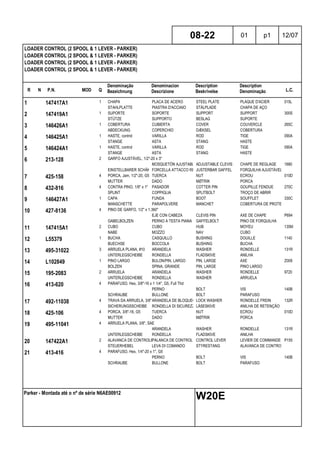 R N P.N. MOD Q
Denominação
Bezeichnung
Denominacion
Descrizione
Description
Beskrivelse
Description
Denominação L.C.
LOADER CONTROL (2 SPOOL & 1 LEVER - PARKER)
LOADER CONTROL (2 SPOOL & 1 LEVER - PARKER)
LOADER CONTROL (2 SPOOL & 1 LEVER - PARKER)
LOADER CONTROL (2 SPOOL & 1 LEVER - PARKER)
08-22 01 p1 12/07
Parker - Montada até o nº de série N6AE00912
W20E
1 147417A1 1 CHAPA PLACA DE ACERO STEEL PLATE PLAQUE D'ACIER 015L
STAHLPLATTE PIASTRA D'ACCIAIO STÅLPLADE CHAPA DE AÇO
2 147419A1 1 SUPORTE SOPORTE SUPPORT SUPPORT 300S
STÜTZE SUPPORTO BESLAG SUPORTE
3 146426A1 1 COBERTURA CUBIERTA COVER COUVERCLE 265C
ABDECKUNG COPERCHIO DÆKSEL COBERTURA
4 146425A1 1 HASTE, control VARILLA ROD TIGE 090A
STANGE ASTA STANG HASTE
5 146424A1 1 HASTE, control VARILLA ROD TIGE 090A
STANGE ASTA STANG HASTE
6 213-128 2 GARFO AJUSTÁVEL, 1/2"-20 x 3"
MOSQUETÓN AJUSTABLEADJUSTABLE CLEVIS CHAPE DE REGLAGE 1680
EINSTELLBARER SCHÄKELFORCELLA ATTACCO REGOL.JUSTERBAR GAFFEL FORQUILHA AJUSTÁVEL
7 425-158 4 PORCA, Jam, 1/2"-20, G5 TUERCA NUT ECROU 010D
MUTTER DADO MØTRIK PORCA
8 432-816 4 CONTRA PINO, 1/8" x 1" PASADOR COTTER PIN GOUPILLE FENDUE 270C
SPLINT COPPIGLIA SPLITBOLT TROÇO DE ABRIR
9 146427A1 1 CAPA FUNDA BOOT SOUFFLET 330C
MANSCHETTE PARAPOLVERE MANCHET COBERTURA DE PROTECÇÃO
10 427-8136 4 PINO DE GARFO, 1/2" x 1.360"
EJE CON CABEZA CLEVIS PIN AXE DE CHAPE P694
GABELBOLZEN PERNO A TESTA PIANA GAFFELBOLT PINO DE FORQUILHA
11 147415A1 2 CUBO CUBO HUB MOYEU 135M
NABE MOZZO NAV CUBO
12 L55379 1 BUCHA CASQUILLO BUSHING DOUILLE 1140
BUECHSE BOCCOLA BUSHING BUCHA
13 495-31022 3 ARRUELA PLANA, #10 ARANDELA WASHER RONDELLE 131R
UNTERLEGSCHEIBE RONDELLA FLADSKIVE ANILHA
14 L102849 1 PINO LARGO BULON/PIN, LARGO PIN, LARGE AXE Z009
BOLZEN SPINA, GRANDE PIN, LARGE PINO LARGO
15 195-2083 2 ARRUELA ARANDELA WASHER RONDELLE 9720
UNTERLEGSCHEIBE RONDELLA WASHER ARRUELA
16 413-620 4 PARAFUSO, Hex, 3/8"-16 x 1 1/4", G5, Full Thd
PERNO BOLT VIS 140B
SCHRAUBE BULLONE BOLT PARAFUSO
17 492-11038 4 TRAVA DA ARRUELA, 3/8"ARANDELA DE BLOQUEO LOCK WASHER RONDELLE FREIN 132R
SICHERUNGSSCHEIBE RONDELLA DI SICUREZZALÅSESKIVE ANILHA DE RETENÇÃO
18 425-106 4 PORCA, 3/8"-16, G5 TUERCA NUT ECROU 010D
MUTTER DADO MØTRIK PORCA
19 495-11041 4 ARRUELA PLANA, 3/8", SAE
ARANDELA WASHER RONDELLE 131R
UNTERLEGSCHEIBE RONDELLA FLADSKIVE ANILHA
20 147422A1 2 ALAVANCA DE CONTROLEPALANCA DE CONTROL CONTROL LEVER LEVIER DE COMMANDE P155
STEUERHEBEL LEVA DI COMANDO STYRESTANG ALAVANCA DE CONTROLO
21 413-416 4 PARAFUSO, Hex, 1/4"-20 x 1", G5
PERNO BOLT VIS 140B
SCHRAUBE BULLONE BOLT PARAFUSO
 