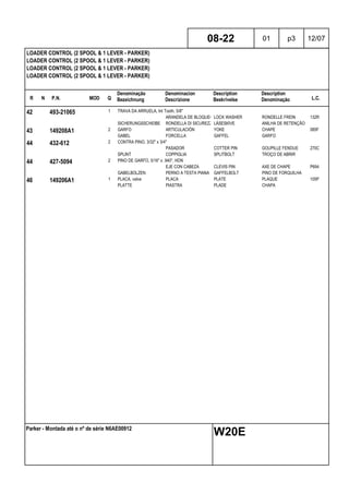 R N P.N. MOD Q
Denominação
Bezeichnung
Denominacion
Descrizione
Description
Beskrivelse
Description
Denominação L.C.
LOADER CONTROL (2 SPOOL & 1 LEVER - PARKER)
LOADER CONTROL (2 SPOOL & 1 LEVER - PARKER)
LOADER CONTROL (2 SPOOL & 1 LEVER - PARKER)
LOADER CONTROL (2 SPOOL & 1 LEVER - PARKER)
08-22 01 p3 12/07
Parker - Montada até o nº de série N6AE00912
W20E
42 493-21065 1 TRAVA DA ARRUELA, Int Tooth, 5/8"
ARANDELA DE BLOQUEO LOCK WASHER RONDELLE FREIN 132R
SICHERUNGSSCHEIBE RONDELLA DI SICUREZZALÅSESKIVE ANILHA DE RETENÇÃO
43 149208A1 2 GARFO ARTICULACIÓN YOKE CHAPE 085F
GABEL FORCELLA GAFFEL GARFO
44 432-612 2 CONTRA PINO, 3/32" x 3/4"
PASADOR COTTER PIN GOUPILLE FENDUE 270C
SPLINT COPPIGLIA SPLITBOLT TROÇO DE ABRIR
44 427-5094 2 PINO DE GARFO, 5/16" x .940", HDN
EJE CON CABEZA CLEVIS PIN AXE DE CHAPE P694
GABELBOLZEN PERNO A TESTA PIANA GAFFELBOLT PINO DE FORQUILHA
46 149206A1 1 PLACA, valve PLACA PLATE PLAQUE 105P
PLATTE PIASTRA PLADE CHAPA
 