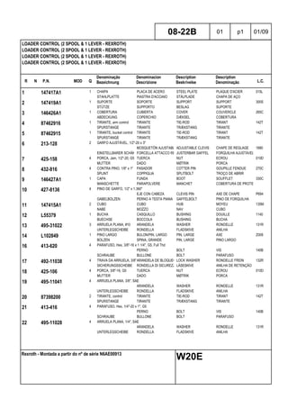 R N P.N. MOD Q
Denominação
Bezeichnung
Denominacion
Descrizione
Description
Beskrivelse
Description
Denominação L.C.
LOADER CONTROL (2 SPOOL & 1 LEVER - REXROTH)
LOADER CONTROL (2 SPOOL & 1 LEVER - REXROTH)
LOADER CONTROL (2 SPOOL & 1 LEVER - REXROTH)
LOADER CONTROL (2 SPOOL & 1 LEVER - REXROTH)
08-22B 01 p1 01/09
Rexroth - Montada a partir do nº de série N6AE00913
W20E
1 147417A1 1 CHAPA PLACA DE ACERO STEEL PLATE PLAQUE D'ACIER 015L
STAHLPLATTE PIASTRA D'ACCIAIO STÅLPLADE CHAPA DE AÇO
2 147419A1 1 SUPORTE SOPORTE SUPPORT SUPPORT 300S
STÜTZE SUPPORTO BESLAG SUPORTE
3 146426A1 1 COBERTURA CUBIERTA COVER COUVERCLE 265C
ABDECKUNG COPERCHIO DÆKSEL COBERTURA
4 87462916 1 TIRANTE, arm control TIRANTE TIE-ROD TIRANT 142T
SPURSTANGE TIRANTE TRÆKSTANG TIRANTE
5 87462915 1 TIRANTE, bucket control TIRANTE TIE-ROD TIRANT 142T
SPURSTANGE TIRANTE TRÆKSTANG TIRANTE
6 213-128 2 GARFO AJUSTÁVEL, 1/2"-20 x 3"
MOSQUETÓN AJUSTABLEADJUSTABLE CLEVIS CHAPE DE REGLAGE 1680
EINSTELLBARER SCHÄKELFORCELLA ATTACCO REGOL.JUSTERBAR GAFFEL FORQUILHA AJUSTÁVEL
7 425-158 4 PORCA, Jam, 1/2"-20, G5 TUERCA NUT ECROU 010D
MUTTER DADO MØTRIK PORCA
8 432-816 4 CONTRA PINO, 1/8" x 1" PASADOR COTTER PIN GOUPILLE FENDUE 270C
SPLINT COPPIGLIA SPLITBOLT TROÇO DE ABRIR
9 146427A1 1 CAPA FUNDA BOOT SOUFFLET 330C
MANSCHETTE PARAPOLVERE MANCHET COBERTURA DE PROTECÇÃO
10 427-8136 4 PINO DE GARFO, 1/2" x 1.360"
EJE CON CABEZA CLEVIS PIN AXE DE CHAPE P694
GABELBOLZEN PERNO A TESTA PIANA GAFFELBOLT PINO DE FORQUILHA
11 147415A1 2 CUBO CUBO HUB MOYEU 135M
NABE MOZZO NAV CUBO
12 L55379 1 BUCHA CASQUILLO BUSHING DOUILLE 1140
BUECHSE BOCCOLA BUSHING BUCHA
13 495-31022 3 ARRUELA PLANA, #10 ARANDELA WASHER RONDELLE 131R
UNTERLEGSCHEIBE RONDELLA FLADSKIVE ANILHA
14 L102849 1 PINO LARGO BULON/PIN, LARGO PIN, LARGE AXE Z009
BOLZEN SPINA, GRANDE PIN, LARGE PINO LARGO
16 413-620 4 PARAFUSO, Hex, 3/8"-16 x 1 1/4", G5, Full Thd
PERNO BOLT VIS 140B
SCHRAUBE BULLONE BOLT PARAFUSO
17 492-11038 4 TRAVA DA ARRUELA, 3/8"ARANDELA DE BLOQUEO LOCK WASHER RONDELLE FREIN 132R
SICHERUNGSSCHEIBE RONDELLA DI SICUREZZALÅSESKIVE ANILHA DE RETENÇÃO
18 425-106 4 PORCA, 3/8"-16, G5 TUERCA NUT ECROU 010D
MUTTER DADO MØTRIK PORCA
19 495-11041 4 ARRUELA PLANA, 3/8", SAE
ARANDELA WASHER RONDELLE 131R
UNTERLEGSCHEIBE RONDELLA FLADSKIVE ANILHA
20 87398200 2 TIRANTE, control TIRANTE TIE-ROD TIRANT 142T
SPURSTANGE TIRANTE TRÆKSTANG TIRANTE
21 413-416 4 PARAFUSO, Hex, 1/4"-20 x 1", G5
PERNO BOLT VIS 140B
SCHRAUBE BULLONE BOLT PARAFUSO
22 495-11028 4 ARRUELA PLANA, 1/4", SAE
ARANDELA WASHER RONDELLE 131R
UNTERLEGSCHEIBE RONDELLA FLADSKIVE ANILHA
 