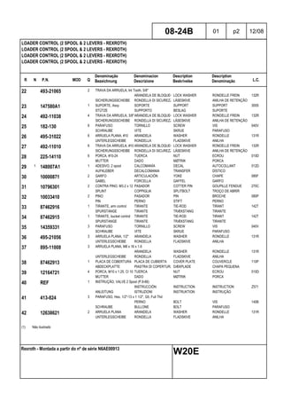 R N P.N. MOD Q
Denominação
Bezeichnung
Denominacion
Descrizione
Description
Beskrivelse
Description
Denominação L.C.
LOADER CONTROL (2 SPOOL & 2 LEVERS - REXROTH)
LOADER CONTROL (2 SPOOL & 2 LEVERS - REXROTH)
LOADER CONTROL (2 SPOOL & 2 LEVERS - REXROTH)
LOADER CONTROL (2 SPOOL & 2 LEVERS - REXROTH)
08-24B 01 p2 12/08
Rexroth - Montada a partir do nº de série N6AE00913
W20E
22 493-21065 2 TRAVA DA ARRUELA, Int Tooth, 5/8"
ARANDELA DE BLOQUEO LOCK WASHER RONDELLE FREIN 132R
SICHERUNGSSCHEIBE RONDELLA DI SICUREZZALÅSESKIVE ANILHA DE RETENÇÃO
23 147580A1 1 SUPORTE, Assy SOPORTE SUPPORT SUPPORT 300S
STÜTZE SUPPORTO BESLAG SUPORTE
24 492-11038 4 TRAVA DA ARRUELA, 3/8"ARANDELA DE BLOQUEO LOCK WASHER RONDELLE FREIN 132R
SICHERUNGSSCHEIBE RONDELLA DI SICUREZZALÅSESKIVE ANILHA DE RETENÇÃO
25 182-130 6 PARAFUSO TORNILLO SCREW VIS 040V
SCHRAUBE VITE SKRUE PARAFUSO
26 495-31022 6 ARRUELA PLANA, #10 ARANDELA WASHER RONDELLE 131R
UNTERLEGSCHEIBE RONDELLA FLADSKIVE ANILHA
27 492-11010 6 TRAVA DA ARRUELA, #10 ARANDELA DE BLOQUEO LOCK WASHER RONDELLE FREIN 132R
SICHERUNGSSCHEIBE RONDELLA DI SICUREZZALÅSESKIVE ANILHA DE RETENÇÃO
28 225-14110 6 PORCA, #10-24 TUERCA NUT ECROU 010D
MUTTER DADO MØTRIK PORCA
29 1 148007A1 1 ADESIVO, 2 spool CALCOMANÍA DECAL AUTOCOLLANT 012D
AUFKLEBER DECALCOMANIA TRANSFER DÍSTICO
30 10000871 2 GARFO ARTICULACIÓN YOKE CHAPE 085F
GABEL FORCELLA GAFFEL GARFO
31 10796301 2 CONTRA PINO, M3.2 x 12 PASADOR COTTER PIN GOUPILLE FENDUE 270C
SPLINT COPPIGLIA SPLITBOLT TROÇO DE ABRIR
32 10033410 2 PINO PASADOR PIN BROCHE 080P
PIN PERNO STIFT PERNO
33 87462916 1 TIRANTE, arm control TIRANTE TIE-ROD TIRANT 142T
SPURSTANGE TIRANTE TRÆKSTANG TIRANTE
34 87462915 1 TIRANTE, bucket control TIRANTE TIE-ROD TIRANT 142T
SPURSTANGE TIRANTE TRÆKSTANG TIRANTE
35 14359331 3 PARAFUSO TORNILLO SCREW VIS 040V
SCHRAUBE VITE SKRUE PARAFUSO
36 495-21056 3 ARRUELA PLANA, 1/2" ARANDELA WASHER RONDELLE 131R
UNTERLEGSCHEIBE RONDELLA FLADSKIVE ANILHA
37 895-11008 3 ARRUELA PLANA, M8 x 16 x 1.6
ARANDELA WASHER RONDELLE 131R
UNTERLEGSCHEIBE RONDELLA FLADSKIVE ANILHA
38 87462913 1 PLACA DE COBERTURA PLACA DE CUBIERTA COVER PLATE COUVERCLE 110P
ABDECKPLATTE PIASTRA DI COPERTURA DÆKPLADE CHAPA PEQUENA
39 12164721 4 PORCA, M10 x 1.25, Cl 10 TUERCA NUT ECROU 010D
MUTTER DADO MØTRIK PORCA
40 REF 1 INSTRUÇÃO, VALVE 2 Spool (P.8-66)
INSTRUCCIÓN INSTRUCTION INSTRUCTION Z571
ANLEITUNG ISTRUZIONI INSTRUKTION INSTRUÇÃO
41 413-824 3 PARAFUSO, Hex, 1/2"-13 x 1 1/2", G5, Full Thd
PERNO BOLT VIS 140B
SCHRAUBE BULLONE BOLT PARAFUSO
42 12638621 2 ARRUELA PLANA ARANDELA WASHER RONDELLE 131R
UNTERLEGSCHEIBE RONDELLA FLADSKIVE ANILHA
(1) Não ilustrado
 