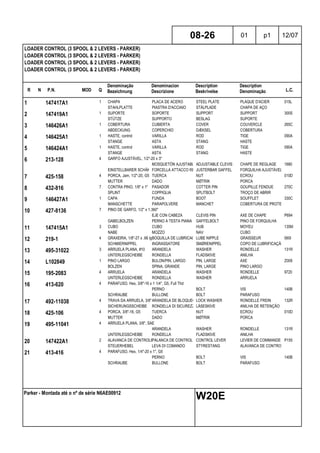 R N P.N. MOD Q
Denominação
Bezeichnung
Denominacion
Descrizione
Description
Beskrivelse
Description
Denominação L.C.
LOADER CONTROL (3 SPOOL & 2 LEVERS - PARKER)
LOADER CONTROL (3 SPOOL & 2 LEVERS - PARKER)
LOADER CONTROL (3 SPOOL & 2 LEVERS - PARKER)
LOADER CONTROL (3 SPOOL & 2 LEVERS - PARKER)
08-26 01 p1 12/07
Parker - Montada até o nº de série N6AE00912
W20E
1 147417A1 1 CHAPA PLACA DE ACERO STEEL PLATE PLAQUE D'ACIER 015L
STAHLPLATTE PIASTRA D'ACCIAIO STÅLPLADE CHAPA DE AÇO
2 147419A1 1 SUPORTE SOPORTE SUPPORT SUPPORT 300S
STÜTZE SUPPORTO BESLAG SUPORTE
3 146426A1 1 COBERTURA CUBIERTA COVER COUVERCLE 265C
ABDECKUNG COPERCHIO DÆKSEL COBERTURA
4 146425A1 1 HASTE, control VARILLA ROD TIGE 090A
STANGE ASTA STANG HASTE
5 146424A1 1 HASTE, control VARILLA ROD TIGE 090A
STANGE ASTA STANG HASTE
6 213-128 4 GARFO AJUSTÁVEL, 1/2"-20 x 3"
MOSQUETÓN AJUSTABLEADJUSTABLE CLEVIS CHAPE DE REGLAGE 1680
EINSTELLBARER SCHÄKELFORCELLA ATTACCO REGOL.JUSTERBAR GAFFEL FORQUILHA AJUSTÁVEL
7 425-158 4 PORCA, Jam, 1/2"-20, G5 TUERCA NUT ECROU 010D
MUTTER DADO MØTRIK PORCA
8 432-816 7 CONTRA PINO, 1/8" x 1" PASADOR COTTER PIN GOUPILLE FENDUE 270C
SPLINT COPPIGLIA SPLITBOLT TROÇO DE ABRIR
9 146427A1 1 CAPA FUNDA BOOT SOUFFLET 330C
MANSCHETTE PARAPOLVERE MANCHET COBERTURA DE PROTECÇÃO
10 427-8136 7 PINO DE GARFO, 1/2" x 1.360"
EJE CON CABEZA CLEVIS PIN AXE DE CHAPE P694
GABELBOLZEN PERNO A TESTA PIANA GAFFELBOLT PINO DE FORQUILHA
11 147415A1 3 CUBO CUBO HUB MOYEU 135M
NABE MOZZO NAV CUBO
12 219-1 4 GRAXEIRA, 1/8"-27 x .66 lgBOQUILLA DE LUBRICACIÓNLUBE NIPPLE GRAISSEUR 060I
SCHMIERNIPPEL INGRASSATORE SMØRENIPPEL COPO DE LUBRIFICAÇÃO
13 495-31022 3 ARRUELA PLANA, #10 ARANDELA WASHER RONDELLE 131R
UNTERLEGSCHEIBE RONDELLA FLADSKIVE ANILHA
14 L102849 1 PINO LARGO BULON/PIN, LARGO PIN, LARGE AXE Z009
BOLZEN SPINA, GRANDE PIN, LARGE PINO LARGO
15 195-2083 4 ARRUELA ARANDELA WASHER RONDELLE 9720
UNTERLEGSCHEIBE RONDELLA WASHER ARRUELA
16 413-620 4 PARAFUSO, Hex, 3/8"-16 x 1 1/4", G5, Full Thd
PERNO BOLT VIS 140B
SCHRAUBE BULLONE BOLT PARAFUSO
17 492-11038 4 TRAVA DA ARRUELA, 3/8"ARANDELA DE BLOQUEO LOCK WASHER RONDELLE FREIN 132R
SICHERUNGSSCHEIBE RONDELLA DI SICUREZZALÅSESKIVE ANILHA DE RETENÇÃO
18 425-106 4 PORCA, 3/8"-16, G5 TUERCA NUT ECROU 010D
MUTTER DADO MØTRIK PORCA
19 495-11041 4 ARRUELA PLANA, 3/8", SAE
ARANDELA WASHER RONDELLE 131R
UNTERLEGSCHEIBE RONDELLA FLADSKIVE ANILHA
20 147422A1 2 ALAVANCA DE CONTROLEPALANCA DE CONTROL CONTROL LEVER LEVIER DE COMMANDE P155
STEUERHEBEL LEVA DI COMANDO STYRESTANG ALAVANCA DE CONTROLO
21 413-416 4 PARAFUSO, Hex, 1/4"-20 x 1", G5
PERNO BOLT VIS 140B
SCHRAUBE BULLONE BOLT PARAFUSO
 