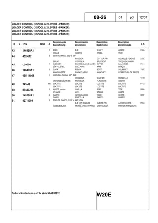 R N P.N. MOD Q
Denominação
Bezeichnung
Denominacion
Descrizione
Description
Beskrivelse
Description
Denominação L.C.
LOADER CONTROL (3 SPOOL & 2 LEVERS - PARKER)
LOADER CONTROL (3 SPOOL & 2 LEVERS - PARKER)
LOADER CONTROL (3 SPOOL & 2 LEVERS - PARKER)
LOADER CONTROL (3 SPOOL & 2 LEVERS - PARKER)
08-26 01 p3 12/07
Parker - Montada até o nº de série N6AE00912
W20E
43 146450A1 1 EIXO EJE SHAFT ARBRE 016A
WELLE ALBERO AKSEL VEIO
44 432-612 3 CONTRA PINO, 3/32" x 3/4"
PASADOR COTTER PIN GOUPILLE FENDUE 270C
SPLINT COPPIGLIA SPLITBOLT TROÇO DE ABRIR
45 L59090 1 IMERSOR BRAZO DEL CUCHARÓN DIPPER BALANCIER P011
LÖFFELSTIEL CUCCHIAIA ARM BRAÇO
46 146439A1 1 CAPA FUNDA BOOT SOUFFLET 330C
MANSCHETTE PARAPOLVERE MANCHET COBERTURA DE PROTECÇÃO
47 495-11066 1 ARRUELA PLANA, 5/8", SAE
ARANDELA WASHER RONDELLE 131R
UNTERLEGSCHEIBE RONDELLA FLADSKIVE ANILHA
48 345-49 AR LOCTITE LOCTITE LOCTITE LOCTITE P712
LOCTITE LOCTITE LOCTITE LOCTITE
49 87433214 1 HASTE, control VARILLA ROD TIGE 090A
STANGE ASTA STANG HASTE
50 149208A1 3 GARFO ARTICULACIÓN YOKE CHAPE 085F
GABEL FORCELLA GAFFEL GARFO
51 427-5094 3 PINO DE GARFO, 5/16" x .940", HDN
EJE CON CABEZA CLEVIS PIN AXE DE CHAPE P694
GABELBOLZEN PERNO A TESTA PIANA GAFFELBOLT PINO DE FORQUILHA
 