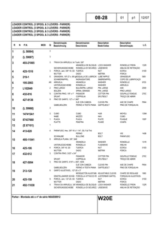 R N P.N. MOD Q
Denominação
Bezeichnung
Denominacion
Descrizione
Description
Beskrivelse
Description
Denominação L.C.
LOADER CONTROL (3 SPOOL & 3 LEVERS - PARKER)
LOADER CONTROL (3 SPOOL & 3 LEVERS - PARKER)
LOADER CONTROL (3 SPOOL & 3 LEVERS - PARKER)
LOADER CONTROL (3 SPOOL & 3 LEVERS - PARKER)
08-28 01 p1 12/07
Parker - Montada até o nº de série N6AE00912
W20E
1 {L 56064} 3
2 {L 59087} 3
3 493-21065 3 TRAVA DA ARRUELA, Int Tooth, 5/8"
ARANDELA DE BLOQUEO LOCK WASHER RONDELLE FREIN 132R
SICHERUNGSSCHEIBE RONDELLA DI SICUREZZALÅSESKIVE ANILHA DE RETENÇÃO
4 425-1510 3 PORCA, Jam, 5/8"-18, G5 TUERCA NUT ECROU 010D
MUTTER DADO MØTRIK PORCA
5 219-1 6 GRAXEIRA, 1/8"-27 x .66 lgBOQUILLA DE LUBRICACIÓNLUBE NIPPLE GRAISSEUR 060I
SCHMIERNIPPEL INGRASSATORE SMØRENIPPEL COPO DE LUBRIFICAÇÃO
6 195-2083 AR ARRUELA ARANDELA WASHER RONDELLE 9720
UNTERLEGSCHEIBE RONDELLA WASHER ARRUELA
7 L102849 2 PINO LARGO BULON/PIN, LARGO PIN, LARGE AXE Z009
BOLZEN SPINA, GRANDE PIN, LARGE PINO LARGO
8 432-816 9 CONTRA PINO, 1/8" x 1" PASADOR COTTER PIN GOUPILLE FENDUE 270C
SPLINT COPPIGLIA SPLITBOLT TROÇO DE ABRIR
9 427-8136 9 PINO DE GARFO, 1/2" x 1.360"
EJE CON CABEZA CLEVIS PIN AXE DE CHAPE P694
GABELBOLZEN PERNO A TESTA PIANA GAFFELBOLT PINO DE FORQUILHA
10 {L 59968} 3
11 147415A1 3 CUBO CUBO HUB MOYEU 135M
NABE MOZZO NAV CUBO
12 87437660 1 PLACA PLACA PLATE PLAQUE 105P
PLATTE PIASTRA PLADE CHAPA
13 {E 67101} 1
14 413-620 4 PARAFUSO, Hex, 3/8"-16 x 1 1/4", G5, Full Thd
PERNO BOLT VIS 140B
SCHRAUBE BULLONE BOLT PARAFUSO
15 495-11041 8 ARRUELA PLANA, 3/8", SAE
ARANDELA WASHER RONDELLE 131R
UNTERLEGSCHEIBE RONDELLA FLADSKIVE ANILHA
16 425-106 4 PORCA, 3/8"-16, G5 TUERCA NUT ECROU 010D
MUTTER DADO MØTRIK PORCA
17 432-612 3 CONTRA PINO, 3/32" x 3/4"
PASADOR COTTER PIN GOUPILLE FENDUE 270C
SPLINT COPPIGLIA SPLITBOLT TROÇO DE ABRIR
18 427-5094 3 PINO DE GARFO, 5/16" x .940", HDN
EJE CON CABEZA CLEVIS PIN AXE DE CHAPE P694
GABELBOLZEN PERNO A TESTA PIANA GAFFELBOLT PINO DE FORQUILHA
19 213-128 6 GARFO AJUSTÁVEL, 1/2"-20 x 3"
MOSQUETÓN AJUSTABLEADJUSTABLE CLEVIS CHAPE DE REGLAGE 1680
EINSTELLBARER SCHÄKELFORCELLA ATTACCO REGOL.JUSTERBAR GAFFEL FORQUILHA AJUSTÁVEL
20 425-158 9 PORCA, Jam, 1/2"-20, G5 TUERCA NUT ECROU 010D
MUTTER DADO MØTRIK PORCA
21 492-11038 4 TRAVA DA ARRUELA, 3/8"ARANDELA DE BLOQUEO LOCK WASHER RONDELLE FREIN 132R
SICHERUNGSSCHEIBE RONDELLA DI SICUREZZALÅSESKIVE ANILHA DE RETENÇÃO
 