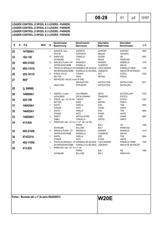 R N P.N. MOD Q
Denominação
Bezeichnung
Denominacion
Descrizione
Description
Beskrivelse
Description
Denominação L.C.
LOADER CONTROL (3 SPOOL & 3 LEVERS - PARKER)
LOADER CONTROL (3 SPOOL & 3 LEVERS - PARKER)
LOADER CONTROL (3 SPOOL & 3 LEVERS - PARKER)
LOADER CONTROL (3 SPOOL & 3 LEVERS - PARKER)
08-28 01 p2 12/07
Parker - Montada até o nº de série N6AE00912
W20E
22 147580A1 1 SUPORTE, Assy SOPORTE SUPPORT SUPPORT 300S
STÜTZE SUPPORTO BESLAG SUPORTE
23 182-130 6 PARAFUSO TORNILLO SCREW VIS 040V
SCHRAUBE VITE SKRUE PARAFUSO
24 495-31022 1 2 ARRUELA PLANA, #10 ARANDELA WASHER RONDELLE 131R
UNTERLEGSCHEIBE RONDELLA FLADSKIVE ANILHA
25 492-11010 6 TRAVA DA ARRUELA, #10 ARANDELA DE BLOQUEO LOCK WASHER RONDELLE FREIN 132R
SICHERUNGSSCHEIBE RONDELLA DI SICUREZZALÅSESKIVE ANILHA DE RETENÇÃO
26 225-14110 6 PORCA, #10-24 TUERCA NUT ECROU 010D
MUTTER DADO MØTRIK PORCA
27 REF 1 INSTRUÇÃO, VALVE 3 spool (P.8-60)
INSTRUCCIÓN INSTRUCTION INSTRUCTION Z571
ANLEITUNG ISTRUZIONI INSTRUKTION INSTRUÇÃO
28 {L 59090} 3
29 148008A1 1 ADESIVO, 3 spool CALCOMANÍA DECAL AUTOCOLLANT 012D
AUFKLEBER DECALCOMANIA TRANSFER DÍSTICO
30 425-158 3 PORCA, Jam, 1/2"-20, G5 TUERCA NUT ECROU 010D
MUTTER DADO MØTRIK PORCA
31 146424A1 1 HASTE VARILLA ROD TIGE 090A
STANGE ASTA STANG HASTE
32 146425A1 1 HASTE VARILLA ROD TIGE 090A
STANGE ASTA STANG HASTE
33 149208A1 3 GARFO ARTICULACIÓN YOKE CHAPE 085F
GABEL FORCELLA GAFFEL GARFO
34 413-824 3 PARAFUSO, Hex, 1/2"-13 x 1 1/2", G5, Full Thd
PERNO BOLT VIS 140B
SCHRAUBE BULLONE BOLT PARAFUSO
35 495-21056 3 ARRUELA PLANA, 1/2" ARANDELA WASHER RONDELLE 131R
UNTERLEGSCHEIBE RONDELLA FLADSKIVE ANILHA
36 87433214 1 HASTE VARILLA ROD TIGE 090A
STANGE ASTA STANG HASTE
37 492-11050 3 TRAVA DA ARRUELA, 1/2"ARANDELA DE BLOQUEO LOCK WASHER RONDELLE FREIN 132R
SICHERUNGSSCHEIBE RONDELLA DI SICUREZZALÅSESKIVE ANILHA DE RETENÇÃO
38 413-832 3 PARAFUSO, Hex, 1/2"-13 x 2", G5
PERNO BOLT VIS 140B
SCHRAUBE BULLONE BOLT PARAFUSO
 