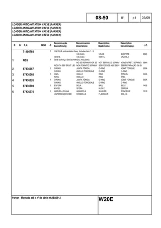 R N P.N. MOD Q
Denominação
Bezeichnung
Denominacion
Descrizione
Description
Beskrivelse
Description
Denominação L.C.
LOADER ANTICAVITATION VALVE (PARKER)
LOADER ANTICAVITATION VALVE (PARKER)
LOADER ANTICAVITATION VALVE (PARKER)
LOADER ANTICAVITATION VALVE (PARKER)
08-50 01 p1 03/09
Parker - Montada até o nº de série N6AE00912
W20E
71100768 1 VÁLVULA, anticavitation Assy, Includes item 1 - 6
VÁLVULA VALVE SOUPAPE 9620
VENTIL VALVOLA VENTIL VÁLVULA
1 NSS 1 SEM SERVIÇO EM SEPARADO, HOUSING
NO SE REPARA POR SEPARADONOT SERVICED SEPARATELYNON ENTRET. SEPAREMENT064N
NICHT A SEP ERS-T LIEFERBNON FORNITO SEPARATAMENTESERVICERES IKKE SEPARATSEM REPARAÇÃO EM SEPARADO
2 87436367 1 O-RING JUNTA TÓRICA O-RING JOINT TORIQUE 055A
O-RING ANELLO TOROIDALE O-RING O-RING
3 87436368 1 ANEL ANILLO RING ANNEAU 045A
RING ANELLO RING ANEL
4 87436326 1 O-RING JUNTA TÓRICA O-RING JOINT TORIQUE 055A
O-RING ANELLO TOROIDALE O-RING O-RING
5 87436369 1 ESFERA BOLA BALL BILLE 140S
KUGEL SFERA KUGLE ESFERA
6 87436370 1 ARRUELA PLANA ARANDELA WASHER RONDELLE 131R
UNTERLEGSCHEIBE RONDELLA FLADSKIVE ANILHA
 