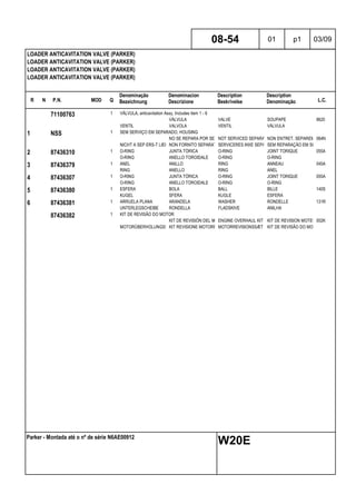 R N P.N. MOD Q
Denominação
Bezeichnung
Denominacion
Descrizione
Description
Beskrivelse
Description
Denominação L.C.
LOADER ANTICAVITATION VALVE (PARKER)
LOADER ANTICAVITATION VALVE (PARKER)
LOADER ANTICAVITATION VALVE (PARKER)
LOADER ANTICAVITATION VALVE (PARKER)
08-54 01 p1 03/09
Parker - Montada até o nº de série N6AE00912
W20E
71100763 1 VÁLVULA, anticavitation Assy, Includes item 1 - 6
VÁLVULA VALVE SOUPAPE 9620
VENTIL VALVOLA VENTIL VÁLVULA
1 NSS 1 SEM SERVIÇO EM SEPARADO, HOUSING
NO SE REPARA POR SEPARADONOT SERVICED SEPARATELYNON ENTRET. SEPAREMENT064N
NICHT A SEP ERS-T LIEFERBNON FORNITO SEPARATAMENTESERVICERES IKKE SEPARATSEM REPARAÇÃO EM SEPARADO
2 87436310 1 O-RING JUNTA TÓRICA O-RING JOINT TORIQUE 055A
O-RING ANELLO TOROIDALE O-RING O-RING
3 87436379 1 ANEL ANILLO RING ANNEAU 045A
RING ANELLO RING ANEL
4 87436307 1 O-RING JUNTA TÓRICA O-RING JOINT TORIQUE 055A
O-RING ANELLO TOROIDALE O-RING O-RING
5 87436380 1 ESFERA BOLA BALL BILLE 140S
KUGEL SFERA KUGLE ESFERA
6 87436381 1 ARRUELA PLANA ARANDELA WASHER RONDELLE 131R
UNTERLEGSCHEIBE RONDELLA FLADSKIVE ANILHA
87436382 1 KIT DE REVISÃO DO MOTOR
KIT DE REVISIÓN DEL MOTORENGINE OVERHAUL KIT KIT DE REVISION MOTEUR002K
MOTORÜBERHOLUNGSSATZKIT REVISIONE MOTORE MOTORREVISIONSSÆT KIT DE REVISÃO DO MOTOR
 