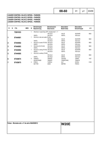 R N P.N. MOD Q
Denominação
Bezeichnung
Denominacion
Descrizione
Description
Beskrivelse
Description
Denominação L.C.
LOADER CONTROL VALVE (3 SPOOL - PARKER)
LOADER CONTROL VALVE (3 SPOOL - PARKER)
LOADER CONTROL VALVE (3 SPOOL - PARKER)
LOADER CONTROL VALVE (3 SPOOL - PARKER)
08-60 01 p1 03/09
Parker - Montada até o nº de série N6AE00912
W20E
75261833 1 VÁLVULA, 3 spool Assy OPT, Includes item 1 - 7
VÁLVULA VALVE SOUPAPE 9620
VENTIL VALVOLA VENTIL VÁLVULA
1 87444081 1 VÁLVULA, inlet and outlet (P.8-36)
VÁLVULA VALVE SOUPAPE 9620
VENTIL VALVOLA VENTIL VÁLVULA
2 87444082 1 VÁLVULA, bucket (P.8-38) VÁLVULA VALVE SOUPAPE 9620
VENTIL VALVOLA VENTIL VÁLVULA
3 87444083 1 VÁLVULA, lift (P.8-40) VÁLVULA VALVE SOUPAPE 9620
VENTIL VALVOLA VENTIL VÁLVULA
4 87444084 1 VÁLVULA, closing (P.8-42) VÁLVULA VALVE SOUPAPE 9620
VENTIL VALVOLA VENTIL VÁLVULA
5 87444085 1 VÁLVULA, auxiliary (P.8-62)
VÁLVULA VALVE SOUPAPE 9620
VENTIL VALVOLA VENTIL VÁLVULA
6 87438674 4 TIRANTE TIRANTE TIE-ROD TIRANT 142T
SPURSTANGE TIRANTE TRÆKSTANG TIRANTE
7 87438675 4 PORCA TUERCA NUT ECROU 010D
MUTTER DADO MØTRIK PORCA
 