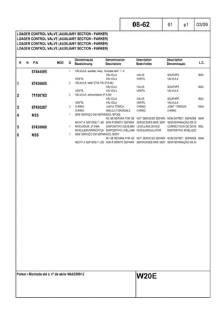 R N P.N. MOD Q
Denominação
Bezeichnung
Denominacion
Descrizione
Description
Beskrivelse
Description
Denominação L.C.
LOADER CONTROL VALVE (AUXILIARY SECTION - PARKER)
LOADER CONTROL VALVE (AUXILIARY SECTION - PARKER)
LOADER CONTROL VALVE (AUXILIARY SECTION - PARKER)
LOADER CONTROL VALVE (AUXILIARY SECTION - PARKER)
08-62 01 p1 03/09
Parker - Montada até o nº de série N6AE00912
W20E
87444085 1 VÁLVULA, auxiliary Assy, Includes item 1 - 6
VÁLVULA VALVE SOUPAPE 9620
VENTIL VALVOLA VENTIL VÁLVULA
1 87436605 2 VÁLVULA, relief 2750 PSI (P.8-48)
VÁLVULA VALVE SOUPAPE 9620
VENTIL VALVOLA VENTIL VÁLVULA
2 71100763 2 VÁLVULA, anticavitation (P.8-54)
VÁLVULA VALVE SOUPAPE 9620
VENTIL VALVOLA VENTIL VÁLVULA
3 87436267 2 O-RING JUNTA TÓRICA O-RING JOINT TORIQUE 055A
O-RING ANELLO TOROIDALE O-RING O-RING
4 NSS 1 SEM SERVIÇO EM SEPARADO, SPOOL
NO SE REPARA POR SEPARADONOT SERVICED SEPARATELYNON ENTRET. SEPAREMENT064N
NICHT A SEP ERS-T LIEFERBNON FORNITO SEPARATAMENTESERVICERES IKKE SEPARATSEM REPARAÇÃO EM SEPARADO
5 87438660 1 NIVELADOR, (P.8-64) DISPOSITIVO EQUILIBRADORLEVELLING DEVICE CORRECTEUR DE DEVERS065L
NIVELLIERVORRICHTUNGDISPOSITIVO LIVELLAMENTONIVEAUREGULATOR DISPOSITIVO NIVELADOR
6 NSS 1 SEM SERVIÇO EM SEPARADO, BODY
NO SE REPARA POR SEPARADONOT SERVICED SEPARATELYNON ENTRET. SEPAREMENT064N
NICHT A SEP ERS-T LIEFERBNON FORNITO SEPARATAMENTESERVICERES IKKE SEPARATSEM REPARAÇÃO EM SEPARADO
 