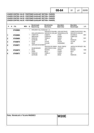 R N P.N. MOD Q
Denominação
Bezeichnung
Denominacion
Descrizione
Description
Beskrivelse
Description
Denominação L.C.
LOADER CONTROL VALVE - POSITIONER (AUXILIARY SECTION - PARKER)
LOADER CONTROL VALVE - POSITIONER (AUXILIARY SECTION - PARKER)
LOADER CONTROL VALVE - POSITIONER (AUXILIARY SECTION - PARKER)
LOADER CONTROL VALVE - POSITIONER (AUXILIARY SECTION - PARKER)
08-64 01 p1 03/09
Parker - Montada até o nº de série N6AE00912
W20E
87438660 1 NIVELADOR, Assy, Includes item 1 - 6
DISPOSITIVO EQUILIBRADORLEVELLING DEVICE CORRECTEUR DE DEVERS065L
NIVELLIERVORRICHTUNGDISPOSITIVO LIVELLAMENTONIVEAUREGULATOR DISPOSITIVO NIVELADOR
1 87438668 1 COBERTURA CUBIERTA COVER COUVERCLE 265C
ABDECKUNG COPERCHIO DÆKSEL COBERTURA
2 87438669 1 PARAFUSO TORNILLO SCREW VIS 040V
SCHRAUBE VITE SKRUE PARAFUSO
3 87438670 1 COLAR COLLAR COLLAR COLLIER 031F
RINGE COLLARE SLANGEBÅND ANEL
4 87438671 2 LIMITADOR DE MOVIMENTO
LIMITADOR DE CARRERATRAVEL LIMITER LIMITEUR DE DEPLACEMENT056L
WEGBEGRENZER LIMITATORE DI CORSA FARTPILOT BATENTE
5 87438672 1 MOLA RESORTE SPRING RESSORT 100M
FEDER MOLLA FJEDER MOLA
6 87438673 4 PARAFUSO TORNILLO SCREW VIS 040V
SCHRAUBE VITE SKRUE PARAFUSO
 