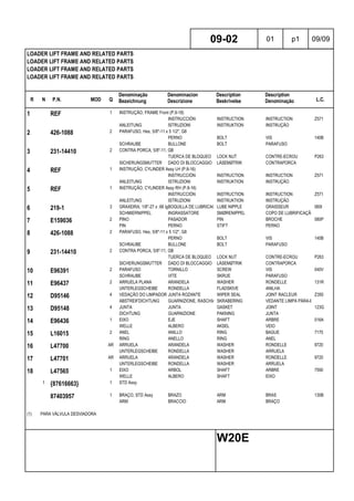 R N P.N. MOD Q
Denominação
Bezeichnung
Denominacion
Descrizione
Description
Beskrivelse
Description
Denominação L.C.
LOADER LIFT FRAME AND RELATED PARTS
LOADER LIFT FRAME AND RELATED PARTS
LOADER LIFT FRAME AND RELATED PARTS
LOADER LIFT FRAME AND RELATED PARTS
09-02 01 p1 09/09
W20E
1 REF 1 INSTRUÇÃO, FRAME Front (P.9-18)
INSTRUCCIÓN INSTRUCTION INSTRUCTION Z571
ANLEITUNG ISTRUZIONI INSTRUKTION INSTRUÇÃO
2 426-1088 2 PARAFUSO, Hex, 5/8"-11 x 5 1/2", G8
PERNO BOLT VIS 140B
SCHRAUBE BULLONE BOLT PARAFUSO
3 231-14410 2 CONTRA PORCA, 5/8"-11, GB
TUERCA DE BLOQUEO LOCK NUT CONTRE-ECROU P263
SICHERUNGSMUTTER DADO DI BLOCCAGGIO LÅSEMØTRIK CONTRAPORCA
4 REF 1 INSTRUÇÃO, CYLINDER Assy LH (P.8-16)
INSTRUCCIÓN INSTRUCTION INSTRUCTION Z571
ANLEITUNG ISTRUZIONI INSTRUKTION INSTRUÇÃO
5 REF 1 INSTRUÇÃO, CYLINDER Assy RH (P.8-16)
INSTRUCCIÓN INSTRUCTION INSTRUCTION Z571
ANLEITUNG ISTRUZIONI INSTRUKTION INSTRUÇÃO
6 219-1 3 GRAXEIRA, 1/8"-27 x .66 lgBOQUILLA DE LUBRICACIÓNLUBE NIPPLE GRAISSEUR 060I
SCHMIERNIPPEL INGRASSATORE SMØRENIPPEL COPO DE LUBRIFICAÇÃO
7 E159036 2 PINO PASADOR PIN BROCHE 080P
PIN PERNO STIFT PERNO
8 426-1088 2 PARAFUSO, Hex, 5/8"-11 x 5 1/2", G8
PERNO BOLT VIS 140B
SCHRAUBE BULLONE BOLT PARAFUSO
9 231-14410 2 CONTRA PORCA, 5/8"-11, GB
TUERCA DE BLOQUEO LOCK NUT CONTRE-ECROU P263
SICHERUNGSMUTTER DADO DI BLOCCAGGIO LÅSEMØTRIK CONTRAPORCA
10 E96391 2 PARAFUSO TORNILLO SCREW VIS 040V
SCHRAUBE VITE SKRUE PARAFUSO
11 E96437 2 ARRUELA PLANA ARANDELA WASHER RONDELLE 131R
UNTERLEGSCHEIBE RONDELLA FLADSKIVE ANILHA
12 D95146 4 VEDAÇÃO DO LIMPADOR JUNTA ROZANTE WIPER SEAL JOINT RACLEUR Z350
ABSTREIFDICHTUNG GUARNIZIONE, RASCHIAOLIOSKRABERING VEDANTE LIMPA PÁRA-BRISAS
13 D95148 4 JUNTA JUNTA GASKET JOINT 123G
DICHTUNG GUARNIZIONE PAKNING JUNTA
14 E96436 1 EIXO EJE SHAFT ARBRE 016A
WELLE ALBERO AKSEL VEIO
15 L16015 2 ANEL ANILLO RING BAGUE 7175
RING ANELLO RING ANEL
16 L47700 AR ARRUELA ARANDELA WASHER RONDELLE 9720
UNTERLEGSCHEIBE RONDELLA WASHER ARRUELA
17 L47701 AR ARRUELA ARANDELA WASHER RONDELLE 9720
UNTERLEGSCHEIBE RONDELLA WASHER ARRUELA
18 L47565 1 EIXO ARBOL SHAFT ARBRE 7590
WELLE ALBERO SHAFT EIXO
1 {87616663} 1 STD Assy
87403957 1 BRAÇO, STD Assy BRAZO ARM BRAS 130B
ARM BRACCIO ARM BRAÇO
(1) PARA VÁLVULA DESVIADORA
 