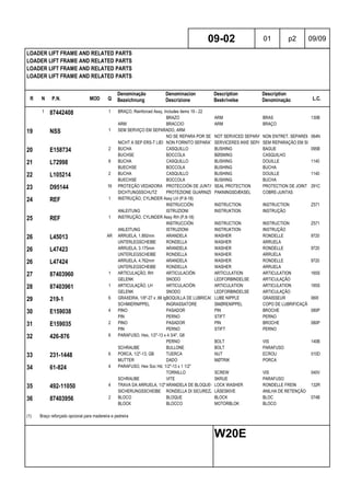 R N P.N. MOD Q
Denominação
Bezeichnung
Denominacion
Descrizione
Description
Beskrivelse
Description
Denominação L.C.
LOADER LIFT FRAME AND RELATED PARTS
LOADER LIFT FRAME AND RELATED PARTS
LOADER LIFT FRAME AND RELATED PARTS
LOADER LIFT FRAME AND RELATED PARTS
09-02 01 p2 09/09
W20E
1 87442408 1 BRAÇO, Reinforced Assy, Includes items 19 - 22
BRAZO ARM BRAS 130B
ARM BRACCIO ARM BRAÇO
19 NSS 1 SEM SERVIÇO EM SEPARADO, ARM
NO SE REPARA POR SEPARADONOT SERVICED SEPARATELYNON ENTRET. SEPAREMENT064N
NICHT A SEP ERS-T LIEFERBNON FORNITO SEPARATAMENTESERVICERES IKKE SEPARATSEM REPARAÇÃO EM SEPARADO
20 E158734 2 BUCHA CASQUILLO BUSHING BAGUE 095B
BUCHSE BOCCOLA BØSNING CASQUILHO
21 L72998 8 BUCHA CASQUILLO BUSHING DOUILLE 1140
BUECHSE BOCCOLA BUSHING BUCHA
22 L105214 2 BUCHA CASQUILLO BUSHING DOUILLE 1140
BUECHSE BOCCOLA BUSHING BUCHA
23 D95144 16 PROTEÇÃO VEDADORA PROTECCIÓN DE JUNTASSEAL PROTECTION PROTECTION DE JOINT 291C
DICHTUNGSSCHUTZ PROTEZIONE GUARNIZIONIPAKNINGSDÆKSEL COBRE-JUNTAS
24 REF 1 INSTRUÇÃO, CYLINDER Assy LH (P.8-18)
INSTRUCCIÓN INSTRUCTION INSTRUCTION Z571
ANLEITUNG ISTRUZIONI INSTRUKTION INSTRUÇÃO
25 REF 1 INSTRUÇÃO, CYLINDER Assy RH (P.8-18)
INSTRUCCIÓN INSTRUCTION INSTRUCTION Z571
ANLEITUNG ISTRUZIONI INSTRUKTION INSTRUÇÃO
26 L45013 AR ARRUELA, 1.892mm ARANDELA WASHER RONDELLE 9720
UNTERLEGSCHEIBE RONDELLA WASHER ARRUELA
26 L47423 ARRUELA, 3.175mm ARANDELA WASHER RONDELLE 9720
UNTERLEGSCHEIBE RONDELLA WASHER ARRUELA
26 L47424 ARRUELA, 4.762mm ARANDELA WASHER RONDELLE 9720
UNTERLEGSCHEIBE RONDELLA WASHER ARRUELA
27 87403960 1 ARTICULAÇÃO, RH ARTICULACIÓN ARTICULATION ARTICULATION 165S
GELENK SNODO LEDFORBINDELSE ARTICULAÇÃO
28 87403961 1 ARTICULAÇÃO, LH ARTICULACIÓN ARTICULATION ARTICULATION 165S
GELENK SNODO LEDFORBINDELSE ARTICULAÇÃO
29 219-1 6 GRAXEIRA, 1/8"-27 x .66 lgBOQUILLA DE LUBRICACIÓNLUBE NIPPLE GRAISSEUR 060I
SCHMIERNIPPEL INGRASSATORE SMØRENIPPEL COPO DE LUBRIFICAÇÃO
30 E159038 4 PINO PASADOR PIN BROCHE 080P
PIN PERNO STIFT PERNO
31 E159035 2 PINO PASADOR PIN BROCHE 080P
PIN PERNO STIFT PERNO
32 426-876 6 PARAFUSO, Hex, 1/2"-13 x 4 3/4", G8
PERNO BOLT VIS 140B
SCHRAUBE BULLONE BOLT PARAFUSO
33 231-1448 6 PORCA, 1/2"-13, GB TUERCA NUT ECROU 010D
MUTTER DADO MØTRIK PORCA
34 61-824 4 PARAFUSO, Hex Soc Hd, 1/2"-13 x 1 1/2"
TORNILLO SCREW VIS 040V
SCHRAUBE VITE SKRUE PARAFUSO
35 492-11050 4 TRAVA DA ARRUELA, 1/2"ARANDELA DE BLOQUEO LOCK WASHER RONDELLE FREIN 132R
SICHERUNGSSCHEIBE RONDELLA DI SICUREZZALÅSESKIVE ANILHA DE RETENÇÃO
36 87403956 2 BLOCO BLOQUE BLOCK BLOC 074B
BLOCK BLOCCO MOTORBLOK BLOCO
(1) Braço reforçado opcional para madereira e pedreira
 