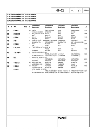 R N P.N. MOD Q
Denominação
Bezeichnung
Denominacion
Descrizione
Description
Beskrivelse
Description
Denominação L.C.
LOADER LIFT FRAME AND RELATED PARTS
LOADER LIFT FRAME AND RELATED PARTS
LOADER LIFT FRAME AND RELATED PARTS
LOADER LIFT FRAME AND RELATED PARTS
09-02 01 p3 09/09
W20E
37 L14452 AR CALCO CALCE REGLAGE SHIM CALE-REGLAGE 7770
AUSGLEICHSCHEIBE SPESSORE SHIM CALCO
38 87403958 2 BRAÇO, Includes item 39 BRAZO ARM BRAS 130B
ARM BRACCIO ARM BRAÇO
39 L72998 4 BUCHA CASQUILLO BUSHING DOUILLE 1140
BUECHSE BOCCOLA BUSHING BUCHA
40 219-1 4 GRAXEIRA, 1/8"-27 x .66 lgBOQUILLA DE LUBRICACIÓNLUBE NIPPLE GRAISSEUR 060I
SCHMIERNIPPEL INGRASSATORE SMØRENIPPEL COPO DE LUBRIFICAÇÃO
41 E159037 4 PINO PASADOR PIN BROCHE 080P
PIN PERNO STIFT PERNO
42 426-1072 4 PARAFUSO, Hex, 5/8"-11 x 4 1/2", G8
PERNO BOLT VIS 140B
SCHRAUBE BULLONE BOLT PARAFUSO
43 231-14410 4 CONTRA PORCA, 5/8"-11, GB
TUERCA DE BLOQUEO LOCK NUT CONTRE-ECROU P263
SICHERUNGSMUTTER DADO DI BLOCCAGGIO LÅSEMØTRIK CONTRAPORCA
44 REF 1 INSTRUÇÃO, BUCKET (P.9-4)
INSTRUCCIÓN INSTRUCTION INSTRUCTION Z571
ANLEITUNG ISTRUZIONI INSTRUKTION INSTRUÇÃO
45 146651A1 AR ARRUELA PLANA ARANDELA WASHER RONDELLE 131R
UNTERLEGSCHEIBE RONDELLA FLADSKIVE ANILHA
46 L103855 AR ARRUELA ARANDELA WASHER RONDELLE 9720
UNTERLEGSCHEIBE RONDELLA WASHER ARRUELA
E95176 1 KIT DE REVISÃO DO MOTOR
KIT DE REVISIÓN DEL MOTORENGINE OVERHAUL KIT KIT DE REVISION MOTEUR002K
MOTORÜBERHOLUNGSSATZKIT REVISIONE MOTORE MOTORREVISIONSSÆT KIT DE REVISÃO DO MOTOR
 