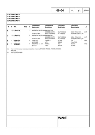 R N P.N. MOD Q
Denominação
Bezeichnung
Denominacion
Descrizione
Description
Beskrivelse
Description
Denominação L.C.
LOADER BUCKETS
LOADER BUCKETS
LOADER BUCKETS
LOADER BUCKETS
09-04 01 p2 03/09
W20E
6 1, 2 87426014 1 BORDA CORTANTE, reversible central gray
BORDE DE CORTE CUTTING EDGE BORD TRANCHANT 018T
SCHNEIDKANTE BORDO TAGLIENTE SKÆREKANT EXTREMIDADE DE CORTE
7 1, 2 87426013 2 BORDA CORTANTE, reversible lateral gray
BORDE DE CORTE CUTTING EDGE BORD TRANCHANT 018T
SCHNEIDKANTE BORDO TAGLIENTE SKÆREKANT EXTREMIDADE DE CORTE
8 2 79042494 9 PARAFUSO TORNILLO SCREW VIS 040V
SCHRAUBE VITE SKRUE PARAFUSO
9 2 12164521 9 PORCA, M24 x 2, Cl 10 TUERCA NUT ECROU 010D
MUTTER DADO MØTRIK PORCA
(1) Faca reversível opcional cor cinza para caçambas cinza conjs. 87404059, 87403952, 87404060, 87433608,
87431316
(2) DENTES DA CAÇAMBA
 