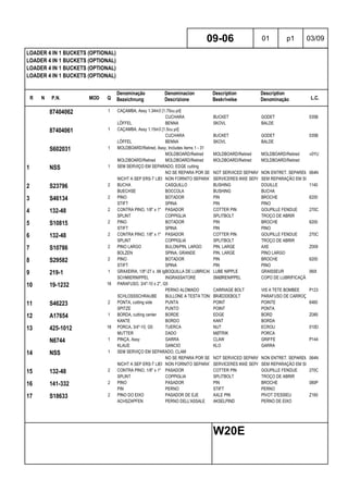 R N P.N. MOD Q
Denominação
Bezeichnung
Denominacion
Descrizione
Description
Beskrivelse
Description
Denominação L.C.
LOADER 4 IN 1 BUCKETS (OPTIONAL)
LOADER 4 IN 1 BUCKETS (OPTIONAL)
LOADER 4 IN 1 BUCKETS (OPTIONAL)
LOADER 4 IN 1 BUCKETS (OPTIONAL)
09-06 01 p1 03/09
W20E
87404062 1 CAÇAMBA, Assy 1.34m3 [1.75cu.yd]
CUCHARA BUCKET GODET 035B
LÖFFEL BENNA SKOVL BALDE
87404061 1 CAÇAMBA, Assy 1.15m3 [1.5cu.yd]
CUCHARA BUCKET GODET 035B
LÖFFEL BENNA SKOVL BALDE
S602031 1 MOLDBOARD/Retired, Assy, Includes items 1 - 31
MOLDBOARD/Retired MOLDBOARD/Retired MOLDBOARD/Retired »0YU
MOLDBOARD/Retired MOLDBOARD/Retired MOLDBOARD/Retired MOLDBOARD/Retired
1 NSS 1 SEM SERVIÇO EM SEPARADO, EDGE cutting
NO SE REPARA POR SEPARADONOT SERVICED SEPARATELYNON ENTRET. SEPAREMENT064N
NICHT A SEP ERS-T LIEFERBNON FORNITO SEPARATAMENTESERVICERES IKKE SEPARATSEM REPARAÇÃO EM SEPARADO
2 S23796 2 BUCHA CASQUILLO BUSHING DOUILLE 1140
BUECHSE BOCCOLA BUSHING BUCHA
3 S46134 2 PINO BOTADOR PIN BROCHE 6200
STIFT SPINA PIN PINO
4 132-48 2 CONTRA PINO, 1/8" x 1" PASADOR COTTER PIN GOUPILLE FENDUE 270C
SPLINT COPPIGLIA SPLITBOLT TROÇO DE ABRIR
5 S10815 2 PINO BOTADOR PIN BROCHE 6200
STIFT SPINA PIN PINO
6 132-48 2 CONTRA PINO, 1/8" x 1" PASADOR COTTER PIN GOUPILLE FENDUE 270C
SPLINT COPPIGLIA SPLITBOLT TROÇO DE ABRIR
7 S10786 2 PINO LARGO BULON/PIN, LARGO PIN, LARGE AXE Z009
BOLZEN SPINA, GRANDE PIN, LARGE PINO LARGO
8 S29582 2 PINO BOTADOR PIN BROCHE 6200
STIFT SPINA PIN PINO
9 219-1 1 GRAXEIRA, 1/8"-27 x .66 lgBOQUILLA DE LUBRICACIÓNLUBE NIPPLE GRAISSEUR 060I
SCHMIERNIPPEL INGRASSATORE SMØRENIPPEL COPO DE LUBRIFICAÇÃO
10 19-1232 18 PARAFUSO, 3/4"-10 x 2", G5
PERNO ALOMADO CARRIAGE BOLT VIS A TETE BOMBEE P123
SCHLOSSSCHRAUBE BULLONE A TESTA TONDABRÆDDEBOLT PARAFUSO DE CARROÇARIA
11 S46223 2 PONTA, cutting side PUNTA POINT POINTE 6460
SPITZE PUNTO POINT PONTA
12 A17654 1 BORDA, cutting center BORDE EDGE BORD Z085
KANTE BORDO KANT BORDA
13 425-1012 18 PORCA, 3/4"-10, G5 TUERCA NUT ECROU 010D
MUTTER DADO MØTRIK PORCA
N6744 1 PINÇA, Assy GARRA CLAW GRIFFE P144
KLAUE GANCIO KLO GARRA
14 NSS 1 SEM SERVIÇO EM SEPARADO, CLAM
NO SE REPARA POR SEPARADONOT SERVICED SEPARATELYNON ENTRET. SEPAREMENT064N
NICHT A SEP ERS-T LIEFERBNON FORNITO SEPARATAMENTESERVICERES IKKE SEPARATSEM REPARAÇÃO EM SEPARADO
15 132-48 2 CONTRA PINO, 1/8" x 1" PASADOR COTTER PIN GOUPILLE FENDUE 270C
SPLINT COPPIGLIA SPLITBOLT TROÇO DE ABRIR
16 141-332 2 PINO PASADOR PIN BROCHE 080P
PIN PERNO STIFT PERNO
17 S18633 2 PINO DO EIXO PASADOR DE EJE AXLE PIN PIVOT D'ESSIEU Z160
ACHSZAPFEN PERNO DELL'ASSALE AKSELPIND PERNO DE EIXO
 