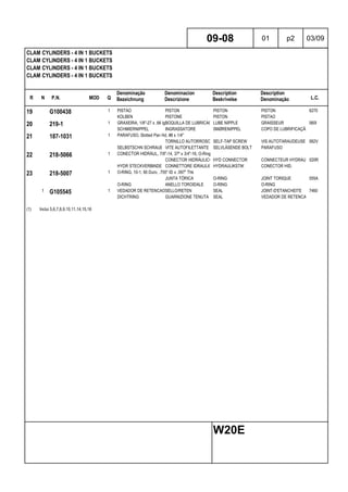 R N P.N. MOD Q
Denominação
Bezeichnung
Denominacion
Descrizione
Description
Beskrivelse
Description
Denominação L.C.
CLAM CYLINDERS - 4 IN 1 BUCKETS
CLAM CYLINDERS - 4 IN 1 BUCKETS
CLAM CYLINDERS - 4 IN 1 BUCKETS
CLAM CYLINDERS - 4 IN 1 BUCKETS
09-08 01 p2 03/09
W20E
19 G100438 1 PISTAO PISTON PISTON PISTON 6270
KOLBEN PISTONE PISTON PISTAO
20 219-1 1 GRAXEIRA, 1/8"-27 x .66 lgBOQUILLA DE LUBRICACIÓNLUBE NIPPLE GRAISSEUR 060I
SCHMIERNIPPEL INGRASSATORE SMØRENIPPEL COPO DE LUBRIFICAÇÃO
21 187-1031 1 PARAFUSO, Slotted Pan Hd, #8 x 1/4"
TORNILLO AUTORROSCANTESELF-TAP SCREW VIS AUTOTARAUDEUSE 062V
SELBSTSCHN SCHRAUBEVITE AUTOFILETTANTE SELVLÅSENDE BOLT PARAFUSO
22 218-5066 1 CONECTOR HIDRÁUL, 7/8"-14, 37º x 3/4"-16, O-Ring
CONECTOR HIDRÁULICO HYD CONNECTOR CONNECTEUR HYDRAULIQUE020R
HYDR STECKVERBINDER CONNETTORE IDRAULICOHYDRAULIKSTIK CONECTOR HID.
23 218-5007 1 O-RING, 10-1, 90 Duro, .755" ID x .097" Thk
JUNTA TÓRICA O-RING JOINT TORIQUE 055A
O-RING ANELLO TOROIDALE O-RING O-RING
1 G105545 1 VEDADOR DE RETENCAOSELLO/RETEN SEAL JOINT-D'ETANCHEITE 7460
DICHTRING GUARNIZIONE TENUTA SEAL VEDADOR DE RETENCAO
(1) Inclui 5,6,7,8,9,10,11,14,15,16
 