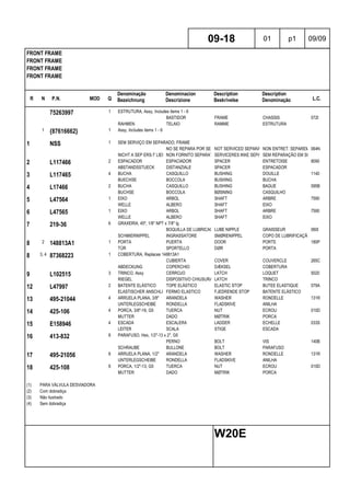 R N P.N. MOD Q
Denominação
Bezeichnung
Denominacion
Descrizione
Description
Beskrivelse
Description
Denominação L.C.
FRONT FRAME
FRONT FRAME
FRONT FRAME
FRONT FRAME
09-18 01 p1 09/09
W20E
75263997 1 ESTRUTURA, Assy, Includes items 1 - 6
BASTIDOR FRAME CHASSIS 072I
RAHMEN TELAIO RAMME ESTRUTURA
1 {87616662} 1 Assy, Includes items 1 - 6
1 NSS 1 SEM SERVIÇO EM SEPARADO, FRAME
NO SE REPARA POR SEPARADONOT SERVICED SEPARATELYNON ENTRET. SEPAREMENT064N
NICHT A SEP ERS-T LIEFERBNON FORNITO SEPARATAMENTESERVICERES IKKE SEPARATSEM REPARAÇÃO EM SEPARADO
2 L117466 2 ESPACADOR ESPACIADOR SPACER ENTRETOISE 8090
ABSTANDSSTUECK DISTANZIALE SPACER ESPACADOR
3 L117465 4 BUCHA CASQUILLO BUSHING DOUILLE 1140
BUECHSE BOCCOLA BUSHING BUCHA
4 L17466 2 BUCHA CASQUILLO BUSHING BAGUE 095B
BUCHSE BOCCOLA BØSNING CASQUILHO
5 L47564 1 EIXO ARBOL SHAFT ARBRE 7590
WELLE ALBERO SHAFT EIXO
6 L47565 1 EIXO ARBOL SHAFT ARBRE 7590
WELLE ALBERO SHAFT EIXO
7 219-36 6 GRAXEIRA, 45º, 1/8" NPT x 7/8" lg
BOQUILLA DE LUBRICACIÓNLUBE NIPPLE GRAISSEUR 060I
SCHMIERNIPPEL INGRASSATORE SMØRENIPPEL COPO DE LUBRIFICAÇÃO
8 2 148813A1 1 PORTA PUERTA DOOR PORTE 180P
TÜR SPORTELLO DØR PORTA
8 3, 4 87368223 1 COBERTURA, Replaces 148813A1
CUBIERTA COVER COUVERCLE 265C
ABDECKUNG COPERCHIO DÆKSEL COBERTURA
9 L102515 3 TRINCO, Assy CERROJO LATCH LOQUET 5020
RIEGEL DISPOSITIVO CHIUSURA LATCH TRINCO
12 L47997 2 BATENTE ELÁSTICO TOPE ELÁSTICO ELASTIC STOP BUTEE ELASTIQUE 079A
ELASTISCHER ANSCHLAGFERMO ELASTICO FJEDRENDE STOP BATENTE ELÁSTICO
13 495-21044 4 ARRUELA PLANA, 3/8" ARANDELA WASHER RONDELLE 131R
UNTERLEGSCHEIBE RONDELLA FLADSKIVE ANILHA
14 425-106 4 PORCA, 3/8"-16, G5 TUERCA NUT ECROU 010D
MUTTER DADO MØTRIK PORCA
15 E158946 4 ESCADA ESCALERA LADDER ECHELLE 033S
LEITER SCALA STIGE ESCADA
16 413-832 8 PARAFUSO, Hex, 1/2"-13 x 2", G5
PERNO BOLT VIS 140B
SCHRAUBE BULLONE BOLT PARAFUSO
17 495-21056 8 ARRUELA PLANA, 1/2" ARANDELA WASHER RONDELLE 131R
UNTERLEGSCHEIBE RONDELLA FLADSKIVE ANILHA
18 425-108 8 PORCA, 1/2"-13, G5 TUERCA NUT ECROU 010D
MUTTER DADO MØTRIK PORCA
(1) PARA VÁLVULA DESVIADORA
(2) Com dobradiça
(3) Não ilustrado
(4) Sem dobradiça
 