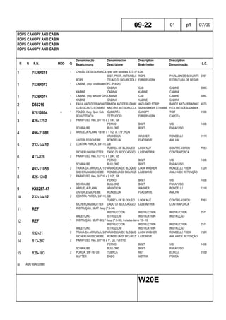 R N P.N. MOD Q
Denominação
Bezeichnung
Denominacion
Descrizione
Description
Beskrivelse
Description
Denominação L.C.
ROPS CANOPY AND CABIN
ROPS CANOPY AND CABIN
ROPS CANOPY AND CABIN
ROPS CANOPY AND CABIN
09-22 01 p1 07/09
W20E
1 75264218 1 CHASSI DE SEGURANÇA, gray with windows STD (P.9-24)
SIST. PROT. ANTIVUELCOROPS PAVILLON DE SECURITE 078T
ROPS TELAIO DI SICUREZZA ROPSFØRERVÆRN ESTRUTURA DE SEGURANÇA
1 75264073 1 CABINE, gray conditioner OPC (P.9-26)
CABINA CAB CABINE 008C
KABINE CABINA KABINE CABINA
1 75264074 1 CABINE, gray fertilizer OPCCABINA CAB CABINE 008C
KABINE CABINA KABINE CABINA
2 D55216 4 FAIXA ANTI-DERRAPANTEBANDA ANTIDESLIZAMIENTOANTI-SKID STRIP BANDE ANTI-DERAPANTE407S
GLEITSCHUTZSTREIFEN NASTRO ANTISDRUCCIOLEVOLESKRIDSIKKER STRIMMEL FITA ANTI-DESLIZAMENTO
1 87610664 a 1 TOLDO, Assy Open Cab CUBIERTA CANOPY TOIT 139B
SCHUTZDACH TETTUCCIO FØRERVÆRN CAPOTA
3 426-1252 2 PARAFUSO, Hex, 3/4"-10 x 3 1/4", G8
PERNO BOLT VIS 140B
SCHRAUBE BULLONE BOLT PARAFUSO
4 496-21081 2 ARRUELA PLANA, 13/16" x 1 1/2" x .179", HDN
ARANDELA WASHER RONDELLE 131R
UNTERLEGSCHEIBE RONDELLA FLADSKIVE ANILHA
5 232-14412 2 CONTRA PORCA, 3/4"-10, GB
TUERCA DE BLOQUEO LOCK NUT CONTRE-ECROU P263
SICHERUNGSMUTTER DADO DI BLOCCAGGIO LÅSEMØTRIK CONTRAPORCA
6 413-828 2 PARAFUSO, Hex, 1/2"-13 x 1 3/4", G5
PERNO BOLT VIS 140B
SCHRAUBE BULLONE BOLT PARAFUSO
7 492-11050 2 TRAVA DA ARRUELA, 1/2"ARANDELA DE BLOQUEO LOCK WASHER RONDELLE FREIN 132R
SICHERUNGSSCHEIBE RONDELLA DI SICUREZZALÅSESKIVE ANILHA DE RETENÇÃO
8 426-1240 2 PARAFUSO, Hex, 3/4"-10 x 2 1/2", G8
PERNO BOLT VIS 140B
SCHRAUBE BULLONE BOLT PARAFUSO
9 K43287-47 4 ARRUELA PLANA ARANDELA WASHER RONDELLE 131R
UNTERLEGSCHEIBE RONDELLA FLADSKIVE ANILHA
10 232-14412 2 CONTRA PORCA, 3/4"-10, GB
TUERCA DE BLOQUEO LOCK NUT CONTRE-ECROU P263
SICHERUNGSMUTTER DADO DI BLOCCAGGIO LÅSEMØTRIK CONTRAPORCA
11 REF 1 INSTRUÇÃO, SEAT Assy (P.9-34)
INSTRUCCIÓN INSTRUCTION INSTRUCTION Z571
ANLEITUNG ISTRUZIONI INSTRUKTION INSTRUÇÃO
12 REF 1 INSTRUÇÃO, SEAT-BELT Assy (P.9-36), Includes items 13 - 16
INSTRUCCIÓN INSTRUCTION INSTRUCTION Z571
ANLEITUNG ISTRUZIONI INSTRUKTION INSTRUÇÃO
13 192-21 2 TRAVA DA ARRUELA, 3/8"ARANDELA DE BLOQUEO LOCK WASHER RONDELLE FREIN 132R
SICHERUNGSSCHEIBE RONDELLA DI SICUREZZALÅSESKIVE ANILHA DE RETENÇÃO
14 113-207 2 PARAFUSO, Hex, 3/8"-16 x 1", G5, Full Thd
PERNO BOLT VIS 140B
SCHRAUBE BULLONE BOLT PARAFUSO
15 129-103 2 PORCA, 3/8"-16, G5 TUERCA NUT ECROU 010D
MUTTER DADO MØTRIK PORCA
(a) ASN N9AE02680
 
