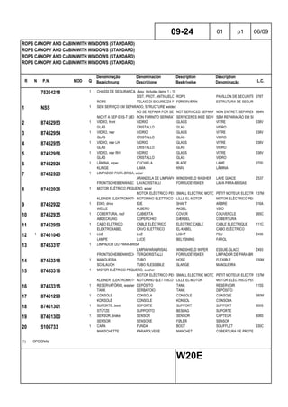 R N P.N. MOD Q
Denominação
Bezeichnung
Denominacion
Descrizione
Description
Beskrivelse
Description
Denominação L.C.
ROPS CANOPY AND CABIN WITH WINDOWS (STANDARD)
ROPS CANOPY AND CABIN WITH WINDOWS (STANDARD)
ROPS CANOPY AND CABIN WITH WINDOWS (STANDARD)
ROPS CANOPY AND CABIN WITH WINDOWS (STANDARD)
09-24 01 p1 06/09
W20E
75264218 1 CHASSI DE SEGURANÇA, Assy, Includes items 1 - 19
SIST. PROT. ANTIVUELCOROPS PAVILLON DE SECURITE 078T
ROPS TELAIO DI SICUREZZA ROPSFØRERVÆRN ESTRUTURA DE SEGURANÇA
1 NSS 1 SEM SERVIÇO EM SEPARADO, STRUCTURE welded
NO SE REPARA POR SEPARADONOT SERVICED SEPARATELYNON ENTRET. SEPAREMENT064N
NICHT A SEP ERS-T LIEFERBNON FORNITO SEPARATAMENTESERVICERES IKKE SEPARATSEM REPARAÇÃO EM SEPARADO
2 87452953 1 VIDRO, front VIDRIO GLASS VITRE 038V
GLAS CRISTALLO GLAS VIDRO
3 87452954 1 VIDRO, rear VIDRIO GLASS VITRE 038V
GLAS CRISTALLO GLAS VIDRO
4 87452955 1 VIDRO, rear LH VIDRIO GLASS VITRE 038V
GLAS CRISTALLO GLAS VIDRO
5 87452956 1 VIDRO, rear RH VIDRIO GLASS VITRE 038V
GLAS CRISTALLO GLAS VIDRO
6 87452924 1 LÂMINA, wiper CUCHILLA BLADE LAME 0700
KLINGE LAMA KNIV LÂMINA
7 87452925 1 LIMPADOR PARA-BRISA, wiper
ARANDELA DE LIMPIAPARABR.WINDSHIELD WASHER LAVE GLACE Z537
FRONTSCHEIBENWASCHANLAGELAVACRISTALLI FORRUDEVISKER LAVA PÁRA-BRISAS
8 87452926 1 MOTOR ELÉTRICO PEQUENO, wiper
MOTOR ELÉCTRICO PEQUEÑOSMALL ELECTRIC MOTORPETIT MOTEUR ELECTRIQUE137M
KLEINER ELEKTROMOTORMOTORINO ELETTRICO LILLE EL-MOTOR MOTOR ELÉCTRICO PEQUENO
9 87452922 1 EIXO, drive EJE SHAFT ARBRE 016A
WELLE ALBERO AKSEL VEIO
10 87452935 1 COBERTURA, roof CUBIERTA COVER COUVERCLE 265C
ABDECKUNG COPERCHIO DÆKSEL COBERTURA
11 87452959 1 CABO ELÉTRICO CABLE ELÉCTRICO ELECTRIC CABLE CABLE ELECTRIQUE 111C
ELEKTROKABEL CAVO ELETTRICO EL-KABEL CABO ELÉCTRICO
12 1 87461045 1 LUZ LUZ LIGHT FEU Z496
LAMPE LUCE BELYSNING FAROL
13 87453317 1 LIMPADOR DO PARA-BRISA
LIMPIAPARABRISAS WINDSHIELD WIPER ESSUIE-GLACE Z493
FRONTSCHEIBENWISCHERTERGICRISTALLI FORRUDEVISKER LIMPADOR DE PÁRA-BRISAS
14 87453318 1 MANGUEIRA TUBO HOSE FLEXIBLE 030M
SCHLAUCH TUBO FLESSIBILE SLANGE MANGUEIRA
15 87453316 1 MOTOR ELÉTRICO PEQUENO, washer
MOTOR ELÉCTRICO PEQUEÑOSMALL ELECTRIC MOTORPETIT MOTEUR ELECTRIQUE137M
KLEINER ELEKTROMOTORMOTORINO ELETTRICO LILLE EL-MOTOR MOTOR ELÉCTRICO PEQUENO
16 87453315 1 RESERVATÓRIO, washer DEPÓSITO TANK RESERVOIR 115S
TANK SERBATOIO TANK DEPÓSITO
17 87461299 1 CONSOLE CONSOLA CONSOLE CONSOLE 080M
KONSOLE CONSOLE KONSOL CONSOLA
18 87461301 1 SUPORTE, boot SOPORTE SUPPORT SUPPORT 300S
STÜTZE SUPPORTO BESLAG SUPORTE
19 87461300 1 SENSOR, brake SENSOR SENSOR CAPTEUR 608S
SENSOR SENSORE FØLER SENSOR
20 5106733 1 CAPA FUNDA BOOT SOUFFLET 330C
MANSCHETTE PARAPOLVERE MANCHET COBERTURA DE PROTECÇÃO
(1) OPCIONAL
 