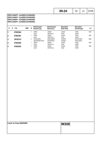 R N P.N. MOD Q
Denominação
Bezeichnung
Denominacion
Descrizione
Description
Beskrivelse
Description
Denominação L.C.
ROPS CANOPY - GLASSES (STANDARD)
ROPS CANOPY - GLASSES (STANDARD)
ROPS CANOPY - GLASSES (STANDARD)
ROPS CANOPY - GLASSES (STANDARD)
09-24 02 p1 07/09
A partir do Chassi N9AE02680
W20E
1 87603364 1 VIDRO VIDRIO GLASS VITRE 038V
GLAS CRISTALLO GLAS VIDRO
2 87603363 1 VIDRO VIDRIO GLASS VITRE 038V
GLAS CRISTALLO GLAS VIDRO
3 391827A1 4 ESPACADOR ESPACIADOR SPACER ENTRETOISE 8090
ABSTANDSSTUECK DISTANZIALE SPACER ESPACADOR
4 87603360 1 VIDRO VIDRIO GLASS VITRE 038V
GLAS CRISTALLO GLAS VIDRO
5 87603359 1 VIDRO VIDRIO GLASS VITRE 038V
GLAS CRISTALLO GLAS VIDRO
 
