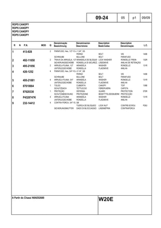 R N P.N. MOD Q
Denominação
Bezeichnung
Denominacion
Descrizione
Description
Beskrivelse
Description
Denominação L.C.
ROPS CANOPY
ROPS CANOPY
ROPS CANOPY
ROPS CANOPY
09-24 05 p1 09/09
A Partir do Chassi N9AE02680
W20E
1 413-828 2 PARAFUSO, Hex, 1/2"-13 x 1 3/4", G5
PERNO BOLT VIS 140B
SCHRAUBE BULLONE BOLT PARAFUSO
2 492-11050 2 TRAVA DA ARRUELA, 1/2"ARANDELA DE BLOQUEO LOCK WASHER RONDELLE FREIN 132R
SICHERUNGSSCHEIBE RONDELLA DI SICUREZZALÅSESKIVE ANILHA DE RETENÇÃO
3 495-21056 2 ARRUELA PLANA, 1/2" ARANDELA WASHER RONDELLE 131R
UNTERLEGSCHEIBE RONDELLA FLADSKIVE ANILHA
4 426-1252 4 PARAFUSO, Hex, 3/4"-10 x 3 1/4", G8
PERNO BOLT VIS 140B
SCHRAUBE BULLONE BOLT PARAFUSO
5 495-21081 4 ARRUELA PLANA, 3/4" ARANDELA WASHER RONDELLE 131R
UNTERLEGSCHEIBE RONDELLA FLADSKIVE ANILHA
6 87610664 1 TOLDO CUBIERTA CANOPY TOIT 139B
SCHUTZDACH TETTUCCIO FØRERVÆRN CAPOTA
7 87620330 1 PROTEÇÃO DEFENSA GUARD PROTECTION 070R
SCHUTZABDECKUNG PROTEZIONE BESKYTTELSESSKÆRM PROTECÇÃO
8 P4328747K 4 ARRUELA PLANA ARANDELA WASHER RONDELLE 131R
UNTERLEGSCHEIBE RONDELLA FLADSKIVE ANILHA
9 232-14412 4 CONTRA PORCA, 3/4"-10, GB
TUERCA DE BLOQUEO LOCK NUT CONTRE-ECROU P263
SICHERUNGSMUTTER DADO DI BLOCCAGGIO LÅSEMØTRIK CONTRAPORCA
 
