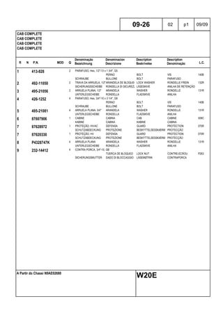 R N P.N. MOD Q
Denominação
Bezeichnung
Denominacion
Descrizione
Description
Beskrivelse
Description
Denominação L.C.
CAB COMPLETE
CAB COMPLETE
CAB COMPLETE
CAB COMPLETE
09-26 02 p1 09/09
A Partir do Chassi N9AE02680
W20E
1 413-828 2 PARAFUSO, Hex, 1/2"-13 x 1 3/4", G5
PERNO BOLT VIS 140B
SCHRAUBE BULLONE BOLT PARAFUSO
2 492-11050 2 TRAVA DA ARRUELA, 1/2"ARANDELA DE BLOQUEO LOCK WASHER RONDELLE FREIN 132R
SICHERUNGSSCHEIBE RONDELLA DI SICUREZZALÅSESKIVE ANILHA DE RETENÇÃO
3 495-21056 2 ARRUELA PLANA, 1/2" ARANDELA WASHER RONDELLE 131R
UNTERLEGSCHEIBE RONDELLA FLADSKIVE ANILHA
4 426-1252 4 PARAFUSO, Hex, 3/4"-10 x 3 1/4", G8
PERNO BOLT VIS 140B
SCHRAUBE BULLONE BOLT PARAFUSO
5 495-21081 4 ARRUELA PLANA, 3/4" ARANDELA WASHER RONDELLE 131R
UNTERLEGSCHEIBE RONDELLA FLADSKIVE ANILHA
6 87607906 1 CABINE CABINA CAB CABINE 008C
KABINE CABINA KABINE CABINA
7 87628972 1 PROTEÇÃO, HV/AC DEFENSA GUARD PROTECTION 070R
SCHUTZABDECKUNG PROTEZIONE BESKYTTELSESSKÆRM PROTECÇÃO
7 87620330 1 PROTEÇÃO, HV DEFENSA GUARD PROTECTION 070R
SCHUTZABDECKUNG PROTEZIONE BESKYTTELSESSKÆRM PROTECÇÃO
8 P4328747K 4 ARRUELA PLANA ARANDELA WASHER RONDELLE 131R
UNTERLEGSCHEIBE RONDELLA FLADSKIVE ANILHA
9 232-14412 4 CONTRA PORCA, 3/4"-10, GB
TUERCA DE BLOQUEO LOCK NUT CONTRE-ECROU P263
SICHERUNGSMUTTER DADO DI BLOCCAGGIO LÅSEMØTRIK CONTRAPORCA
 