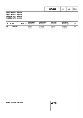 R N P.N. MOD Q
Denominação
Bezeichnung
Denominacion
Descrizione
Description
Beskrivelse
Description
Denominação L.C.
CAB COMPLETE - WINDOW
CAB COMPLETE - WINDOW
CAB COMPLETE - WINDOW
CAB COMPLETE - WINDOW
09-28 03 p2 07/09
A Partir do Chassi N9AE02680
W20E
23 84196198 1 SUPORTE SOPORTE SUPPORT SUPPORT 300S
STÜTZE SUPPORTO BESLAG SUPORTE
 