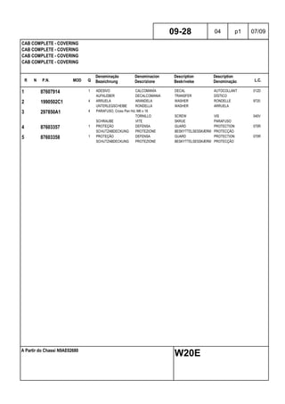 R N P.N. MOD Q
Denominação
Bezeichnung
Denominacion
Descrizione
Description
Beskrivelse
Description
Denominação L.C.
CAB COMPLETE - COVERING
CAB COMPLETE - COVERING
CAB COMPLETE - COVERING
CAB COMPLETE - COVERING
09-28 04 p1 07/09
A Partir do Chassi N9AE02680
W20E
1 87607914 1 ADESIVO CALCOMANÍA DECAL AUTOCOLLANT 012D
AUFKLEBER DECALCOMANIA TRANSFER DÍSTICO
2 1990502C1 4 ARRUELA ARANDELA WASHER RONDELLE 9720
UNTERLEGSCHEIBE RONDELLA WASHER ARRUELA
3 297850A1 4 PARAFUSO, Cross Pan Hd, M6 x 16
TORNILLO SCREW VIS 040V
SCHRAUBE VITE SKRUE PARAFUSO
4 87603357 1 PROTEÇÃO DEFENSA GUARD PROTECTION 070R
SCHUTZABDECKUNG PROTEZIONE BESKYTTELSESSKÆRM PROTECÇÃO
5 87603358 1 PROTEÇÃO DEFENSA GUARD PROTECTION 070R
SCHUTZABDECKUNG PROTEZIONE BESKYTTELSESSKÆRM PROTECÇÃO
 