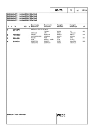 R N P.N. MOD Q
Denominação
Bezeichnung
Denominacion
Descrizione
Description
Beskrivelse
Description
Denominação L.C.
CAB COMPLETE - PARKING BRAKE COVERING
CAB COMPLETE - PARKING BRAKE COVERING
CAB COMPLETE - PARKING BRAKE COVERING
CAB COMPLETE - PARKING BRAKE COVERING
09-28 06 p1 12/09
A Partir do Chassi N9AE02680
W20E
1 297850A1 7 PARAFUSO, Cross Pan Hd, M6 x 16
TORNILLO SCREW VIS 040V
SCHRAUBE VITE SKRUE PARAFUSO
2 1990502C1 7 ARRUELA ARANDELA WASHER RONDELLE 9720
UNTERLEGSCHEIBE RONDELLA WASHER ARRUELA
3 89604093 1 PARADA TOPE STOP BUTEE 080A
STOP ARRESTO; FERMO STOP BATENTE
4 87604100 1 COBERTURA CUBIERTA COVER COUVERCLE 265C
ABDECKUNG COPERCHIO DÆKSEL COBERTURA
 