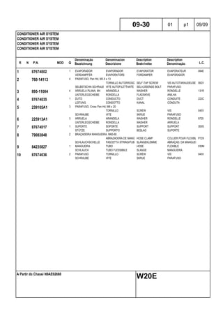 R N P.N. MOD Q
Denominação
Bezeichnung
Denominacion
Descrizione
Description
Beskrivelse
Description
Denominação L.C.
CONDITIONER AIR SYSTEM
CONDITIONER AIR SYSTEM
CONDITIONER AIR SYSTEM
CONDITIONER AIR SYSTEM
09-30 01 p1 09/09
A Partir do Chassi N9AE02680
W20E
1 87674002 1 EVAPORADOR EVAPORADOR EVAPORATOR EVAPORATEUR 064E
VERDAMPFER EVAPORATORE FORDAMPER EVAPORADOR
2 760-14113 4 PARAFUSO, Pan Hd, M3.5 x 13
TORNILLO AUTORROSCANTESELF-TAP SCREW VIS AUTOTARAUDEUSE 062V
SELBSTSCHN SCHRAUBEVITE AUTOFILETTANTE SELVLÅSENDE BOLT PARAFUSO
3 895-11004 4 ARRUELA PLANA, M4 ARANDELA WASHER RONDELLE 131R
UNTERLEGSCHEIBE RONDELLA FLADSKIVE ANILHA
4 87674035 1 DUTO CONDUCTO DUCT CONDUITE 223C
LEITUNG CONDOTTO KANAL CONDUTA
5 239105A1 3 PARAFUSO, Cross Pan Hd, M6 x 20
TORNILLO SCREW VIS 040V
SCHRAUBE VITE SKRUE PARAFUSO
6 225913A1 3 ARRUELA ARANDELA WASHER RONDELLE 9720
UNTERLEGSCHEIBE RONDELLA WASHER ARRUELA
7 87674017 1 SUPORTE SOPORTE SUPPORT SUPPORT 300S
STÜTZE SUPPORTO BESLAG SUPORTE
8 79083848 2 BRAÇADEIRA MANGUEIRA, M60-80
ABRAZADERA DE MANGUERAHOSE CLAMP COLLIER POUR FLEXIBLEP729
SCHLAUCHSCHELLE FASCETTA STRINGITUBOSLANGEKLEMME ABRAÇAD. DA MANGUEIRA
9 84235827 1 MANGUEIRA TUBO HOSE FLEXIBLE 030M
SCHLAUCH TUBO FLESSIBILE SLANGE MANGUEIRA
10 87674036 2 PARAFUSO TORNILLO SCREW VIS 040V
SCHRAUBE VITE SKRUE PARAFUSO
 