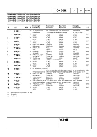 R N P.N. MOD Q
Denominação
Bezeichnung
Denominacion
Descrizione
Description
Beskrivelse
Description
Denominação L.C.
CLIMATIZING EQUIPMENT - COVERS AND FILTER
CLIMATIZING EQUIPMENT - COVERS AND FILTER
CLIMATIZING EQUIPMENT - COVERS AND FILTER
CLIMATIZING EQUIPMENT - COVERS AND FILTER
09-30B 01 p1 04/08
W20E
1 87452961 1 AR-CONDICIONADO AIRE ACONDICIONADO AIR CONDITIONER CLIMATISEUR 0080
KLIMAANLAGE CONDIZIONATORE ARIA AIRCONDITION AR CONDICIONADO
1 2 87463050 1 FILTRO FILTRO FILTER FILTRE 065F
FILTER FILTRO FILTER FILTRO
2 87463071 1 FILTRO FILTRO FILTER FILTRE 065F
FILTER FILTRO FILTER FILTRO
3 87463072 1 FILTRO FILTRO FILTER FILTRE 065F
FILTER FILTRO FILTER FILTRO
4 87463051 1 COBERTURA, rear filter CUBIERTA COVER COUVERCLE 265C
ABDECKUNG COPERCHIO DÆKSEL COBERTURA
5 71102256 1 GRELHA, filter REJILLA GRILLE CALANDRE 101G
GRILL GRIGLIA GITTER GRELHA
6 87463053 22 PARAFUSO TORNILLO SCREW VIS 040V
SCHRAUBE VITE SKRUE PARAFUSO
7 71102253 1 COBERTURA, upper CUBIERTA COVER COUVERCLE 265C
ABDECKUNG COPERCHIO DÆKSEL COBERTURA
7 3 87462145 1 TRINCO, cover TRINQUETE PAWL CLIQUET 050N
SPERRKLINKE NOTTOLINO D'ARRESTO PAL LINGUETA
8 2 87463055 2 FILTRO FILTRO FILTER FILTRE 065F
FILTER FILTRO FILTER FILTRO
9 87463056 2 FILTRO FILTRO FILTER FILTRE 065F
FILTER FILTRO FILTER FILTRO
10 87463057 2 KIT DE REVISÃO DO MOTOR
KIT DE REVISIÓN DEL MOTORENGINE OVERHAUL KIT KIT DE REVISION MOTEUR002K
MOTORÜBERHOLUNGSSATZKIT REVISIONE MOTORE MOTORREVISIONSSÆT KIT DE REVISÃO DO MOTOR
11 71102257 1 COBERTURA, RH CUBIERTA COVER COUVERCLE 265C
ABDECKUNG COPERCHIO DÆKSEL COBERTURA
12 71102258 1 COBERTURA, LH CUBIERTA COVER COUVERCLE 265C
ABDECKUNG COPERCHIO DÆKSEL COBERTURA
13 71102254 1 CONJ PRÉ-FILTRO DE ARCONJ. PREFILTRO DE AIREAIR PRE-CLEANER ASSY PREFILTRE A AIR 201P
LUFTVORREINIGERBAUGRUPPECOMPLESS. PREFILTRO ARIALUFT FORFILTER KPL. PRÉ-FILTRO
14 87463061 1 COBERTURA, pre filter CUBIERTA COVER COUVERCLE 265C
ABDECKUNG COPERCHIO DÆKSEL COBERTURA
15 71102255 1 FILTRO FILTRO FILTER FILTRE 065F
FILTER FILTRO FILTER FILTRO
(1) Inclui os itens das páginas 9-30D, 30F, 30H
(2) OPCIONAL
(3) Não ilustrado
 