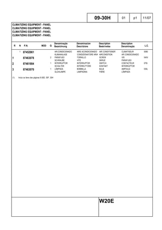 R N P.N. MOD Q
Denominação
Bezeichnung
Denominacion
Descrizione
Description
Beskrivelse
Description
Denominação L.C.
CLIMATIZING EQUIPMENT - PANEL
CLIMATIZING EQUIPMENT - PANEL
CLIMATIZING EQUIPMENT - PANEL
CLIMATIZING EQUIPMENT - PANEL
09-30H 01 p1 11/07
W20E
1 87452961 AR-CONDICIONADO AIRE ACONDICIONADO AIR CONDITIONER CLIMATISEUR 0080
KLIMAANLAGE CONDIZIONATORE ARIA AIRCONDITION AR CONDICIONADO
1 87463078 2 PARAFUSO TORNILLO SCREW VIS 040V
SCHRAUBE VITE SKRUE PARAFUSO
2 87461884 1 INTERRUPTOR INTERRUPTOR SWITCH CONTACTEUR 075I
SCHALTER INTERRUTTORE KONTAKT INTERRUPTOR
3 87463070 1 LÂMPADA BOMBILLA BULB AMPOULE 030L
GLÜHLAMPE LAMPADINA PÆRE LÂMPADA
(1) Inclui os itens das páginas 9-30D, 30F, 30H
 
