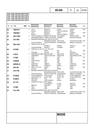 R N P.N. MOD Q
Denominação
Bezeichnung
Denominacion
Descrizione
Description
Beskrivelse
Description
Denominação L.C.
FUEL TANK AND RELATED PARTS
FUEL TANK AND RELATED PARTS
FUEL TANK AND RELATED PARTS
FUEL TANK AND RELATED PARTS
03-04 01 p2 03/09
W20E
20 146241A1 1 LUVA MANGUITO SLEEVE CHEMISE 031M
BUCHSE MANICOTTO TRYKLEJE, KOBLING MANGA
21 148538A1 1 LUVA MANGUITO SLEEVE CHEMISE 031M
BUCHSE MANICOTTO TRYKLEJE, KOBLING MANGA
22 492-11038 2 TRAVA DA ARRUELA, 3/8"ARANDELA DE BLOQUEO LOCK WASHER RONDELLE FREIN 132R
SICHERUNGSSCHEIBE RONDELLA DI SICUREZZALÅSESKIVE ANILHA DE RETENÇÃO
23 214-1464 2 BRAÇADEIRA MANGUEIRA, #64, 3.56/4.50 Type F Worm
ABRAZADERA DE MANGUERAHOSE CLAMP COLLIER POUR FLEXIBLEP729
SCHLAUCHSCHELLE FASCETTA STRINGITUBOSLANGEKLEMME ABRAÇAD. DA MANGUEIRA
24 495-11041 4 ARRUELA PLANA, 3/8", SAE
ARANDELA WASHER RONDELLE 131R
UNTERLEGSCHEIBE RONDELLA FLADSKIVE ANILHA
25 413-620 2 PARAFUSO, Hex, 3/8"-16 x 1 1/4", G5, Full Thd
PERNO BOLT VIS 140B
SCHRAUBE BULLONE BOLT PARAFUSO
26 L18331 4 PRENDEDOR DE CABOS BANDA DE CABLE CABLE STRAP BRIDE DE CABLE P716
KABELBINDER FASCETTA PER CAVO KABELSTROP BRAÇADEIRA DE CABO
27 L71206 1 TUBO TUBO TUBE TUBE 195T
ROHR TUBO RØR TUBO
28 E158526 1 TUBO, filling Assy TUBO TUBE TUBE 195T
ROHR TUBO RØR TUBO
29 A65842-33 1 COBERTURA CUBIERTA COVER COUVERCLE 265C
ABDECKUNG COPERCHIO DÆKSEL COBERTURA
30 425-108 2 PORCA, 1/2"-13, G5 TUERCA NUT ECROU 010D
MUTTER DADO MØTRIK PORCA
31 214-1706 4 BRAÇADEIRA MANGUEIRA, #6, 0.44/0.78 Type M Worm
ABRAZADERA DE MANGUERAHOSE CLAMP COLLIER POUR FLEXIBLEP729
SCHLAUCHSCHELLE FASCETTA STRINGITUBOSLANGEKLEMME ABRAÇAD. DA MANGUEIRA
32 D139225 1 FILTRO COMBUSTIVEL FILTRO GAS-OIL FILTER, FUEL FILTRE A CARBURANT Z498
KRAFTSTOFFILTER FILTRO, COMB FILTER, FUEL FILTRO COMBUSTIVEL
33 E158274 1 MANGUEIRA TUBO HOSE FLEXIBLE 030M
SCHLAUCH TUBO FLESSIBILE SLANGE MANGUEIRA
34 217-151 1 CONEXÃO, 3/8" Hose X 1/4" NPTF Beaded
ACOPLAMIENTO FITTING RACCORD 3300
ARMATUR RACCORDO FITTING CONECTOR
35 L71206 1 TUBO TUBO TUBE TUBE 195T
ROHR TUBO RØR TUBO
37 214-1706 2 BRAÇADEIRA MANGUEIRA, #6, 0.44/0.78 Type M Worm
ABRAZADERA DE MANGUERAHOSE CLAMP COLLIER POUR FLEXIBLEP729
SCHLAUCHSCHELLE FASCETTA STRINGITUBOSLANGEKLEMME ABRAÇAD. DA MANGUEIRA
 