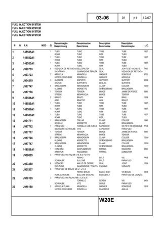 R N P.N. MOD Q
Denominação
Bezeichnung
Denominacion
Descrizione
Description
Beskrivelse
Description
Denominação L.C.
FUEL INJECTION SYSTEM
FUEL INJECTION SYSTEM
FUEL INJECTION SYSTEM
FUEL INJECTION SYSTEM
03-06 01 p1 12/07
W20E
1 148581A1 1 TUBO TUBO TUBE TUBE 195T
ROHR TUBO RØR TUBO
2 148582A1 1 TUBO TUBO TUBE TUBE 195T
ROHR TUBO RØR TUBO
3 148583A1 1 TUBO TUBO TUBE TUBE 195T
ROHR TUBO RØR TUBO
4 J928759 4 VEDADOR DE RETENCAOSELLO/RETEN SEAL JOINT-D'ETANCHEITE 7460
DICHTRING GUARNIZIONE TENUTA SEAL VEDADOR DE RETENCAO
5 J903723 7 ARRUELA ARANDELA WASHER RONDELLE 9720
UNTERLEGSCHEIBE RONDELLA WASHER ARRUELA
6 J904519 3 SUPORTE SOPORTE SUPPORT SUPPORT 300S
STÜTZE SUPPORTO BESLAG SUPORTE
7 J917747 4 BRAÇADEIRA ABRAZADERA CLAMP COLLIER 120M
KLEMME MORSETTO SPÆNDEBÅND BRAÇADEIRA
8 J917716 1 TENSOR TENSOR BRACE JAMBE-DE-FORCE 0990
STREBE MENARUOLA BRACE TENSOR
9 148584A1 2 BRAÇO BRAZO ARM BRAS 130B
ARM BRACCIO ARM BRAÇO
10 148585A1 1 TUBO TUBO TUBE TUBE 195T
ROHR TUBO RØR TUBO
11 148586A1 1 TUBO TUBO TUBE TUBE 195T
ROHR TUBO RØR TUBO
12 148587A1 1 TUBO TUBO TUBE TUBE 195T
ROHR TUBO RØR TUBO
13 J904711 1 BRACADEIRA COLLAR CLAMP COLLIER 1640
SCHELLE MORSETTO CLAMP BRACADEIRA
14 J917712 7 PARAFUSO TORNILLO CAB.HUECA CAPSCREW VIS TETE HEXAGONALE P136
SECHSKANTSCHRAUBE VITE CAPSCREW PARAFUSO
15 J917717 1 TENSOR TENSOR BRACE JAMBE-DE-FORCE 0990
STREBE MENARUOLA BRACE TENSOR
16 J917746 2 BRAÇADEIRA ABRAZADERA CLAMP COLLIER 120M
KLEMME MORSETTO SPÆNDEBÅND BRAÇADEIRA
17 J917747 2 BRAÇADEIRA ABRAZADERA CLAMP COLLIER 120M
KLEMME MORSETTO SPÆNDEBÅND BRAÇADEIRA
18 148588A1 1 CONEXÃO ACOPLAMIENTO FITTING RACCORD 3300
ARMATUR RACCORDO FITTING CONECTOR
19 J900629 2 PARAFUSO, Hex Flg, M8 x 16, 8.8, Full Thd
PERNO BOLT VIS 140B
SCHRAUBE BULLONE BOLT PARAFUSO
20 J903380 6 VEDAÇÃO ANILLO DE CIERRE SEAL JOINT 132A
DICHTUNG GUARNIZIONE; TENUTA PAKNING VEDANTE
21 J905307 6 PARAFUSO DE BANJO, M6 x 1 x 14.3
PERNO BANJO BANJO BOLT VIS BANJO 090B
HOHLSCHRAUBE BULLONE MASCHIO BANJOBOLT PARAFUSO DE LIGAÇÃO
22 J918109 3 PARAFUSO, Hex Flg Hd, M8 x 1.25 x 25
TORNILLO SCREW VIS 040V
SCHRAUBE VITE SKRUE PARAFUSO
23 J918188 2 ARRUELA PLANA ARANDELA WASHER RONDELLE 131R
UNTERLEGSCHEIBE RONDELLA FLADSKIVE ANILHA
 