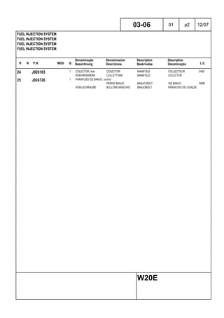 R N P.N. MOD Q
Denominação
Bezeichnung
Denominacion
Descrizione
Description
Beskrivelse
Description
Denominação L.C.
FUEL INJECTION SYSTEM
FUEL INJECTION SYSTEM
FUEL INJECTION SYSTEM
FUEL INJECTION SYSTEM
03-06 01 p2 12/07
W20E
24 J926103 1 COLECTOR, fuel COLECTOR MANIFOLD COLLECTEUR 5450
ROEHRENWERK COLLETTORE MANIFOLD COLECTOR
25 J924726 1 PARAFUSO DE BANJO, control
PERNO BANJO BANJO BOLT VIS BANJO 090B
HOHLSCHRAUBE BULLONE MASCHIO BANJOBOLT PARAFUSO DE LIGAÇÃO
 