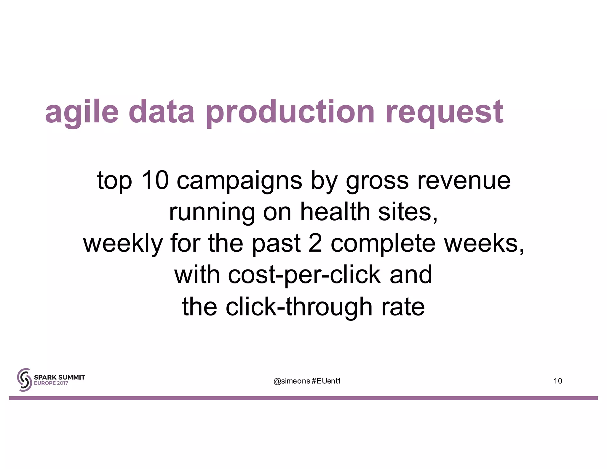 agile data production request
top 10 campaigns by gross revenue
running on health sites,
weekly for the past 2 complete weeks,
with cost-per-click and
the click-through rate
@simeons #EUent1 10
 