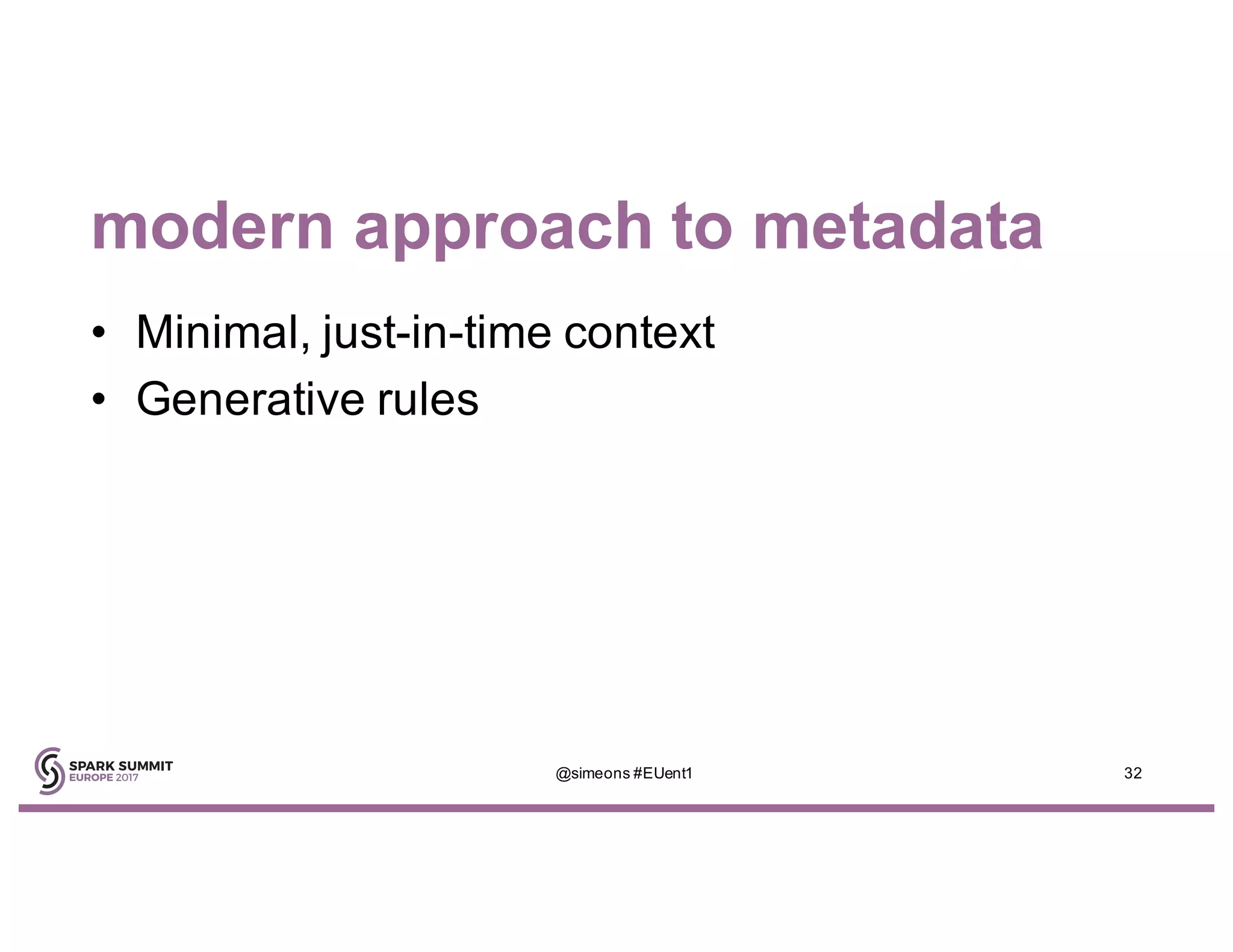 modern approach to metadata
• Minimal, just-in-time context
• Generative rules
@simeons #EUent1 32
 