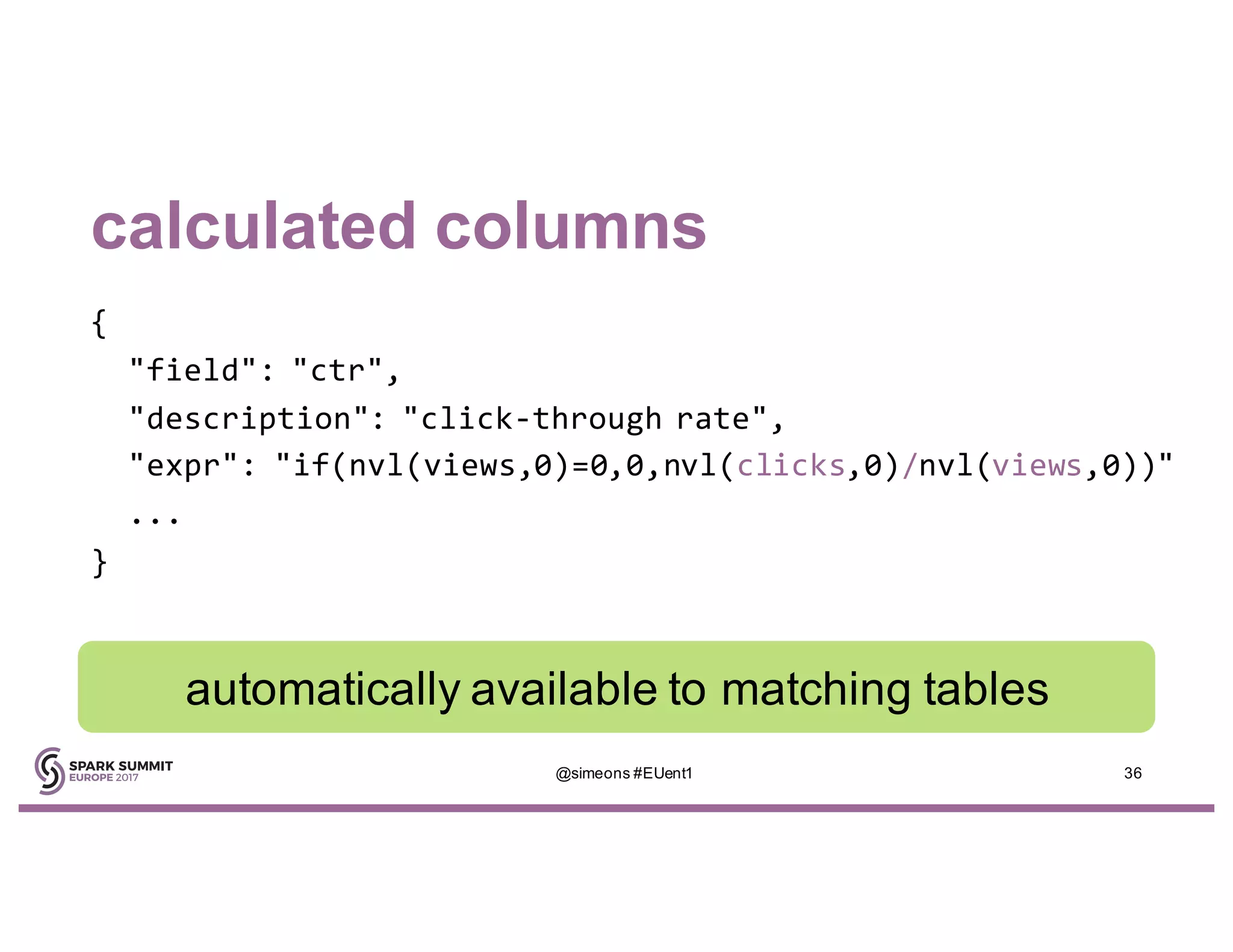 calculated columns
{
"field": "ctr",
"description": "click-through rate",
"expr": "if(nvl(views,0)=0,0,nvl(clicks,0)/nvl(views,0))"
...
}
automatically available to matching tables
@simeons #EUent1 36
 