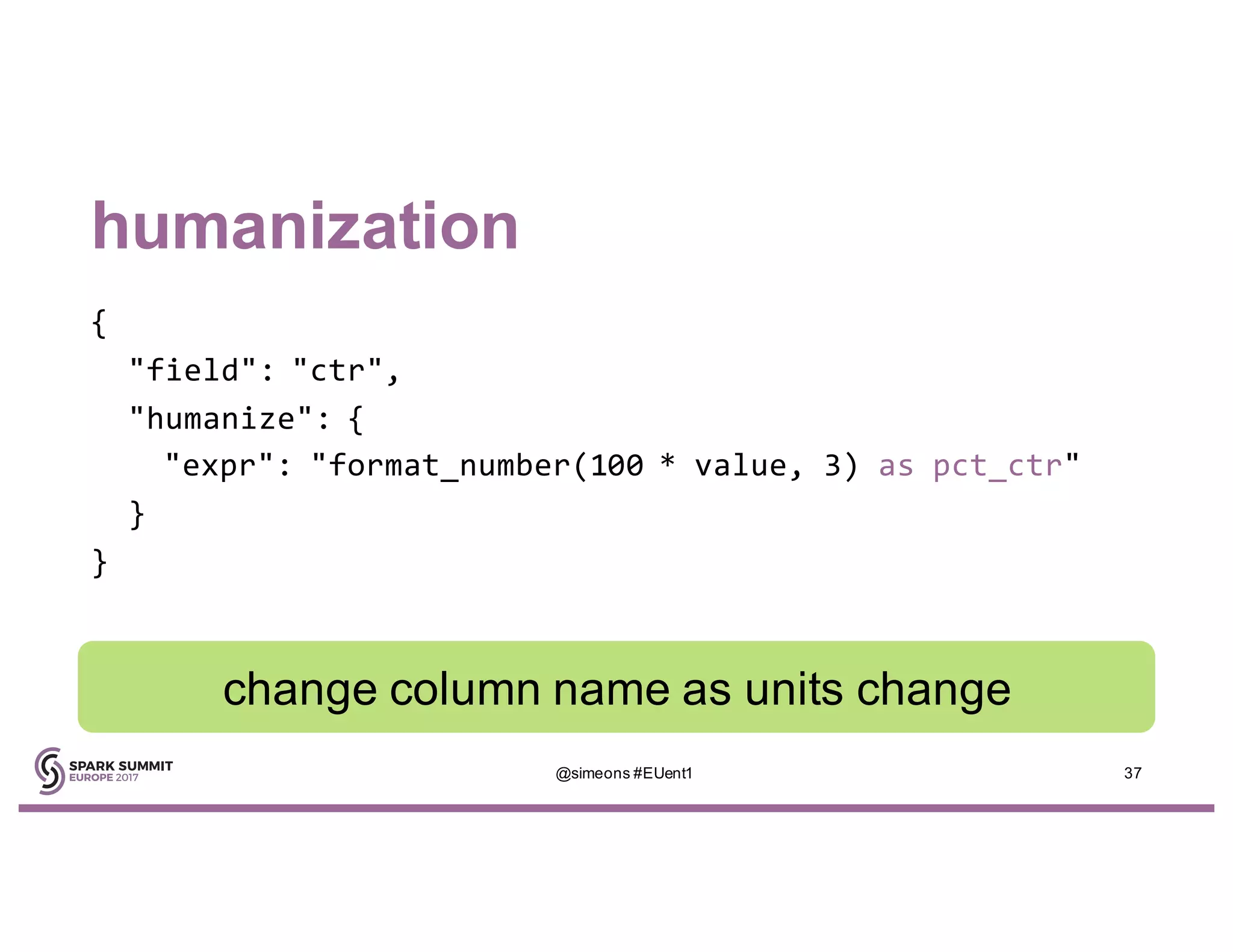 humanization
{
"field": "ctr",
"humanize": {
"expr": "format_number(100 * value, 3) as pct_ctr"
}
}
change column name as units change
@simeons #EUent1 37
 