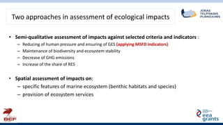 Two approaches in assessment of ecological impacts
• Semi-qualitative assessment of impacts against selected criteria and ...
