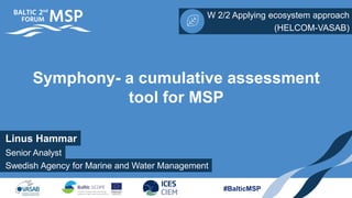 Linus Hammar
W 2/2 Applying ecosystem approach
Swedish Agency for Marine and Water Management
(HELCOM-VASAB)
#BalticMSP
Symphony- a cumulative assessment
tool for MSP
Senior Analyst
 