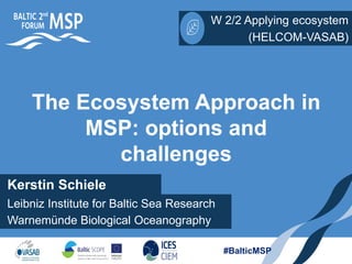 Kerstin Schiele
W 2/2 Applying ecosystem
approach
Warnemünde Biological Oceanography
(HELCOM-VASAB)
#BalticMSP
The Ecosystem Approach in
MSP: options and
challenges
Leibniz Institute for Baltic Sea Research
 
