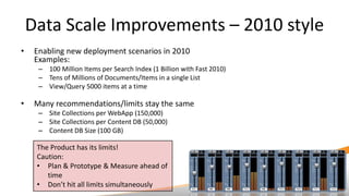 Data Scale Improvements – 2010 style
•

Enabling new deployment scenarios in 2010
Examples:
– 100 Million Items per Search Index (1 Billion with Fast 2010)
– Tens of Millions of Documents/Items in a single List
– View/Query 5000 items at a time

•

Many recommendations/limits stay the same
– Site Collections per WebApp (150,000)
– Site Collections per Content DB (50,000)
– Content DB Size (100 GB)

The Product has its limits!

 