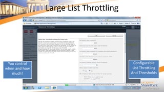 Large List Throttling

You control
when and how
much!

Configurable
List Throttling
And Thresholds

 