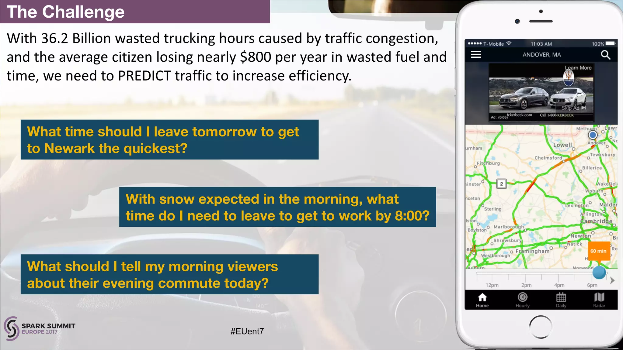 Driver behavior data is only valid in the context of what is
also happening on the road
UBI – Usage Based Insurance
71 6571 7265 44˚
Driver	
Speed
Driver	
Speed
Speed	
Limit
Speed	
Limit
Reference	
Speed
Weather	
Condition
Temp	
Reading
2
Congestion	
Index
Limited Analysis
can lead to
inaccurate
assessments, and
impact retention
More data, and driver relevant data will
lead to greater understanding of
behavior and associated risk
With	36.2	Billion	wasted	trucking	hours	caused	by	traffic	congestion,	
and	the	average	citizen	losing	nearly	$800	per	year	in	wasted	fuel	and	
time,	we	need	to	PREDICT	traffic	to	increase	efficiency.
The Challenge
What time should I leave tomorrow to get
to Newark the quickest?
With snow expected in the morning, what
time do I need to leave to get to work by 8:00?
What should I tell my morning viewers
about their evening commute today?
Predictive	Traffic	Demo
#EUent7
 