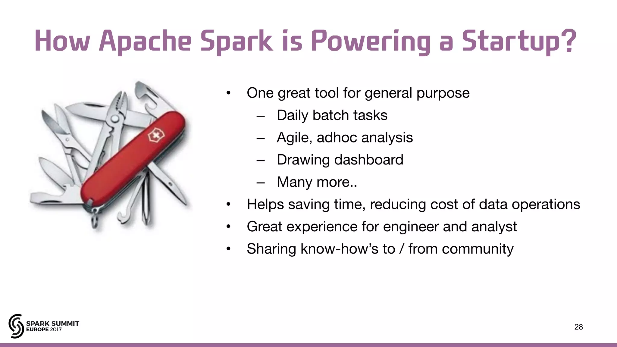 How Apache Spark is Powering a Startup? • One great tool for general purpose – Daily batch tasks – Agile, adhoc analysis – Drawing dashboard – Many more.. • Helps saving time, reducing cost of data operations • Great experience for engineer and analyst • Sharing know-how’s to / from community 28 