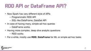 RDD API or DataFrame API?
• Now Spark has very different style of APIs

– Programmatic RDD API

– SQL-like DataFrame, DataSet API

• In case of having many, simple ad-hoc queries

– DataFrame works

• Having more complex, deep dive analytic questions

– RDD works

• For a while, mostly use RDD, DataFrame for ML or simple ad hoc tasks
21
 