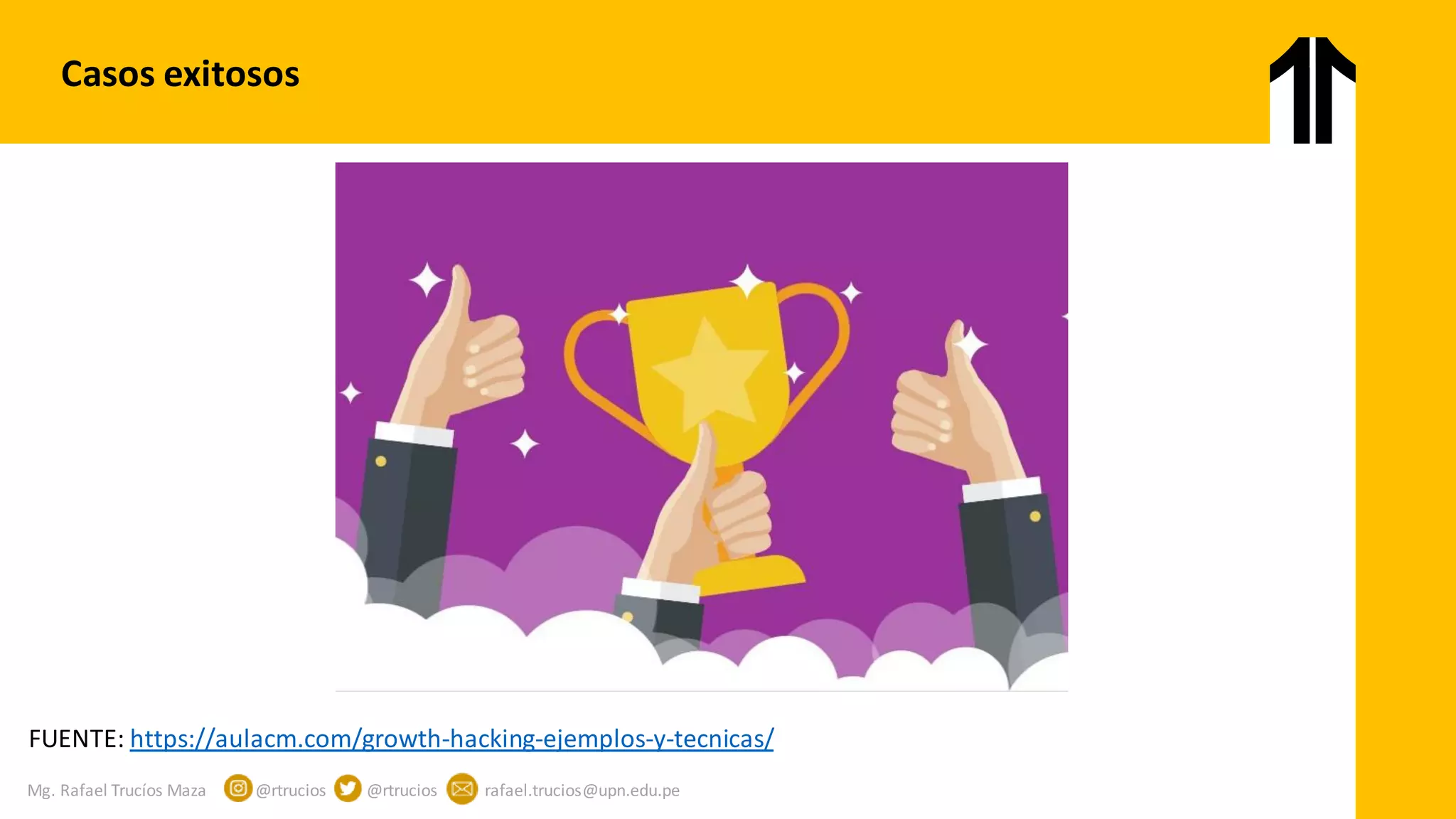 Mg. Rafael Trucíos Maza @rtrucios @rtrucios rafael.trucios@upn.edu.pe
Casos exitosos
FUENTE: https://aulacm.com/growth-hacking-ejemplos-y-tecnicas/
 